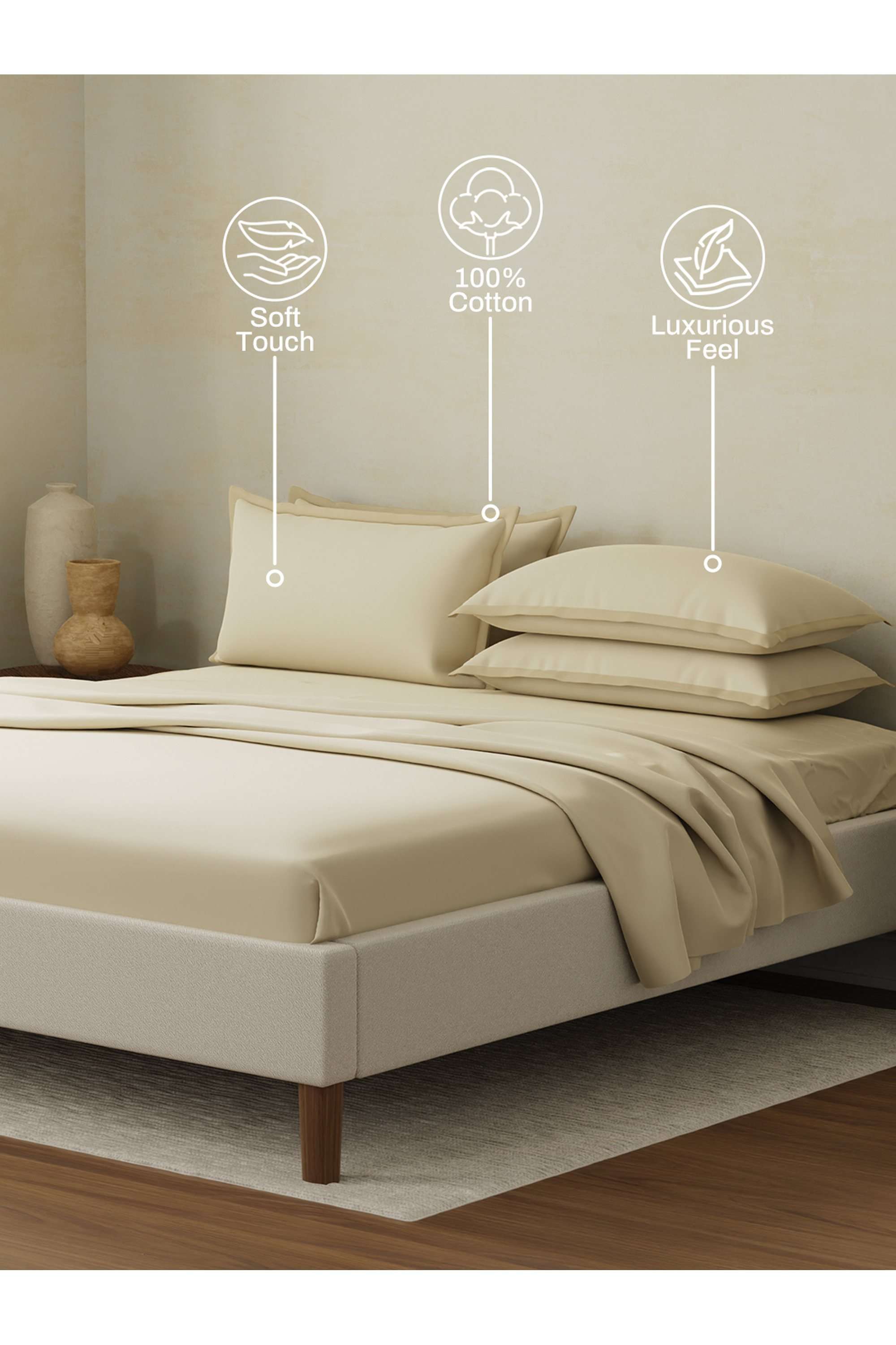Cotton-Charm-400-TC-100--Cotton-Cream-King-Size-Dyed-Bedsheet-with-4-Pillow-Covers