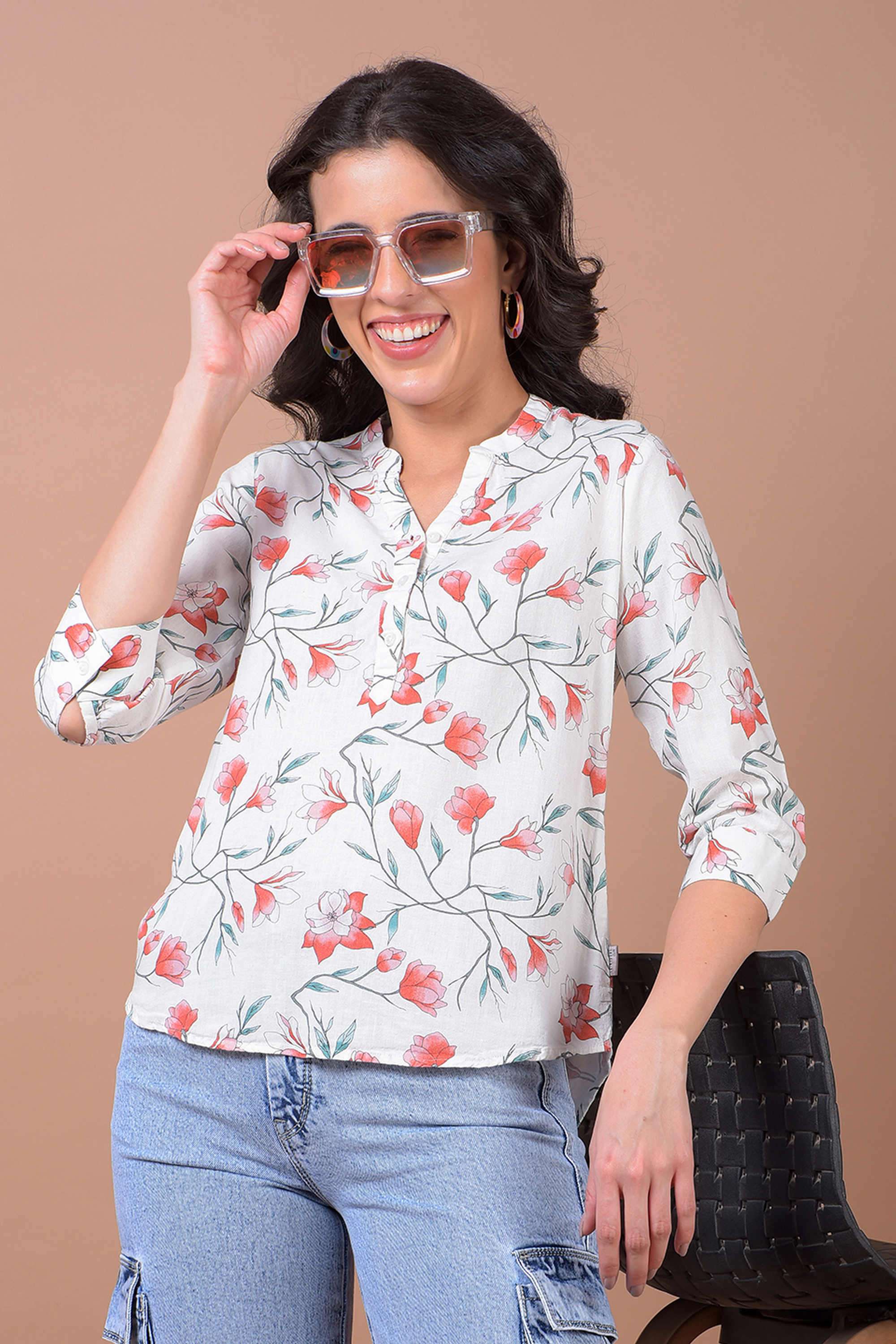 crimsoune club Printed Blended Fabric V-Neck Women Top-picture-39
