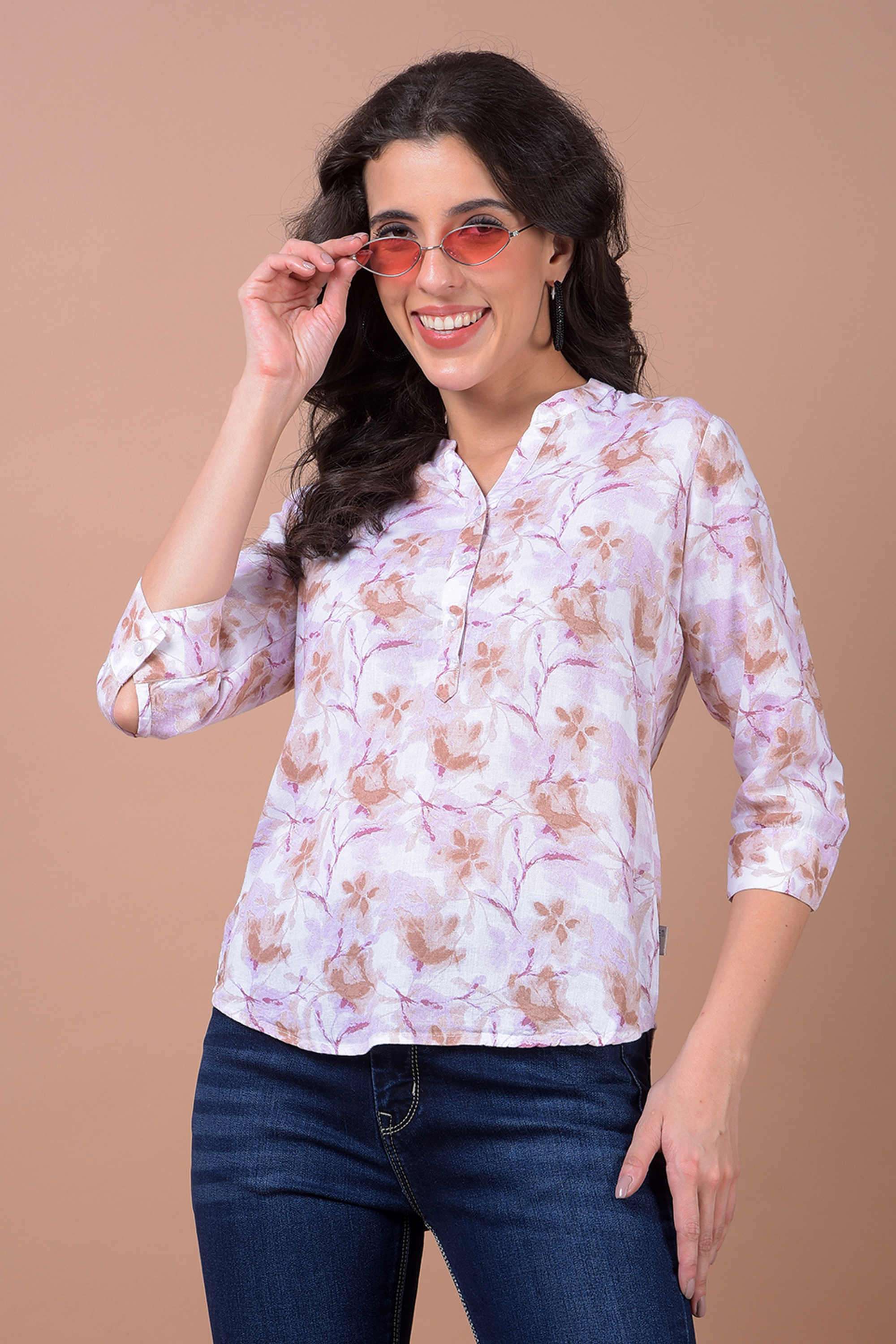 Printed Blended Fabric V-Neck Women Top-image-41