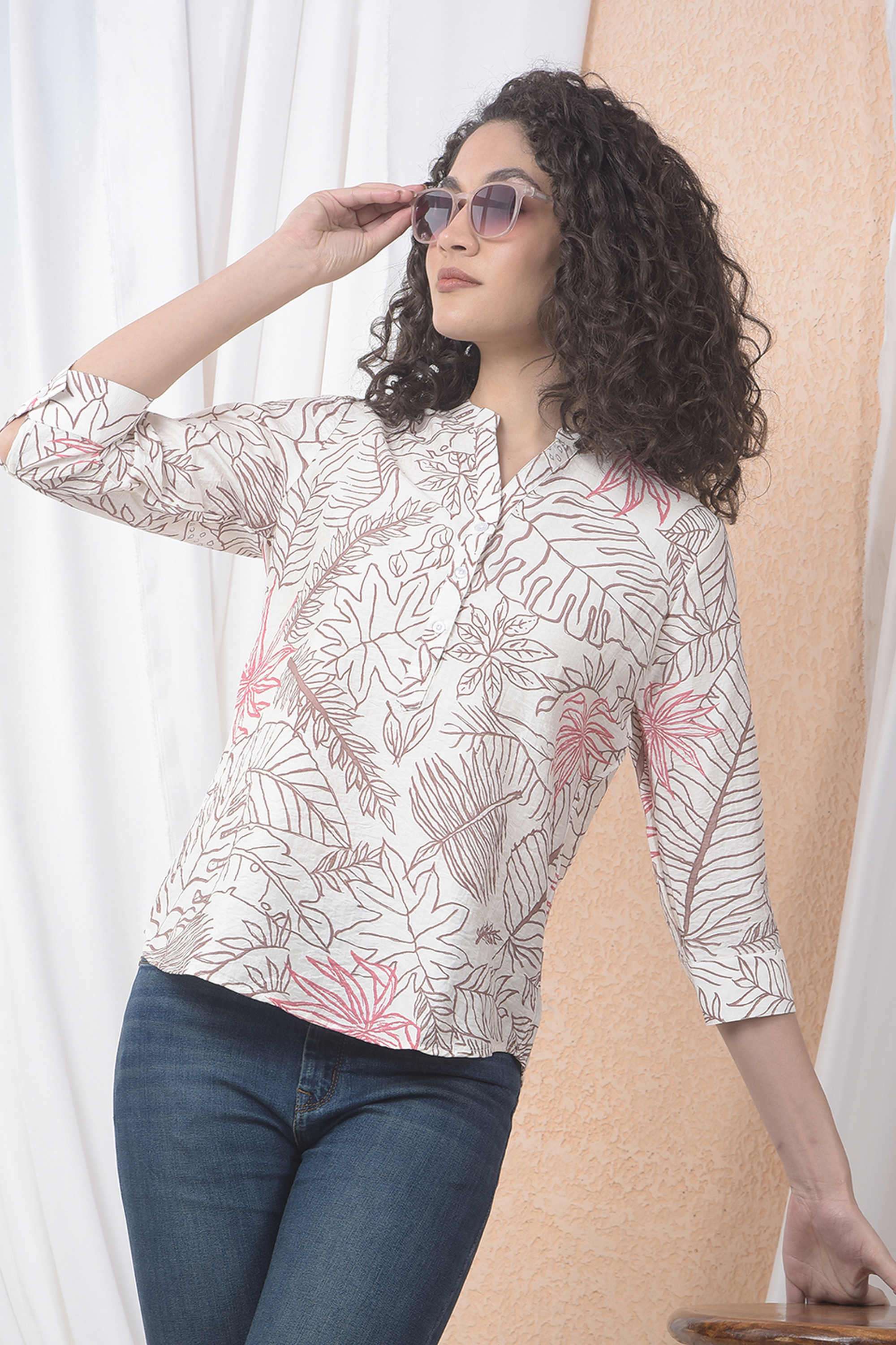 Printed Blended Fabric V-Neck Women Top-image-42