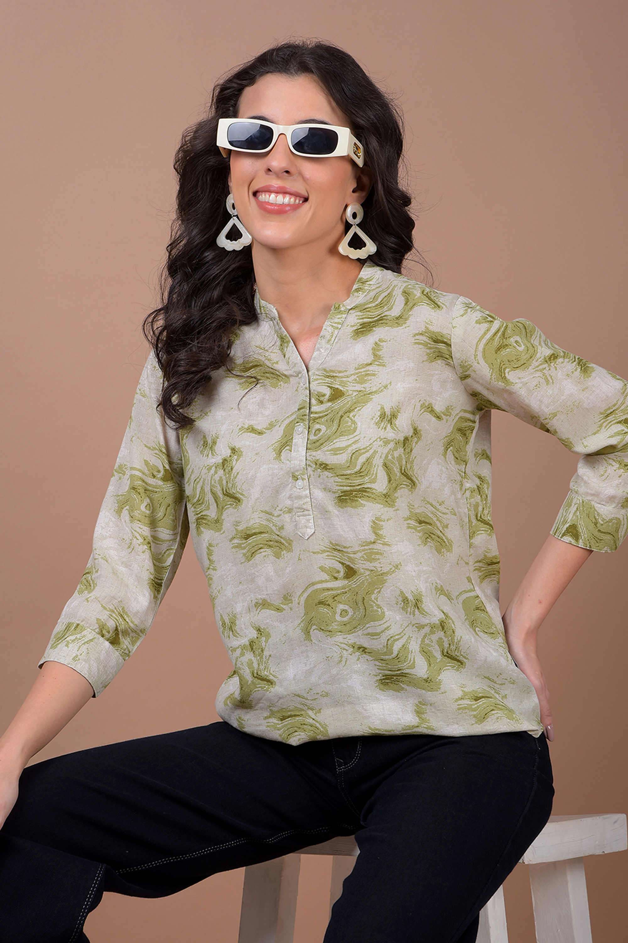crimsoune club Printed Blended Fabric V-Neck Women Top-picture-27