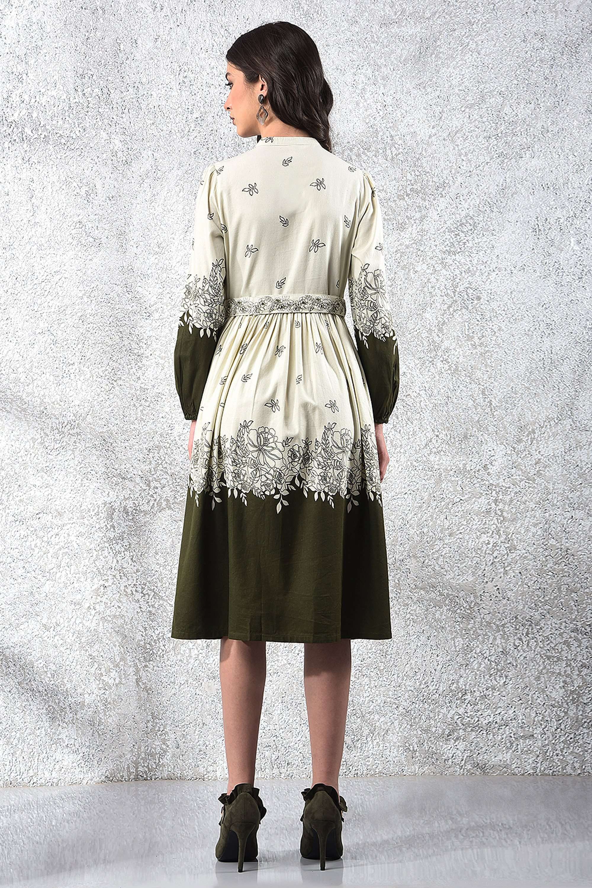 Buy Crimsoune Club Olive Printed Blended Fabric V-Neck Women's Dress
