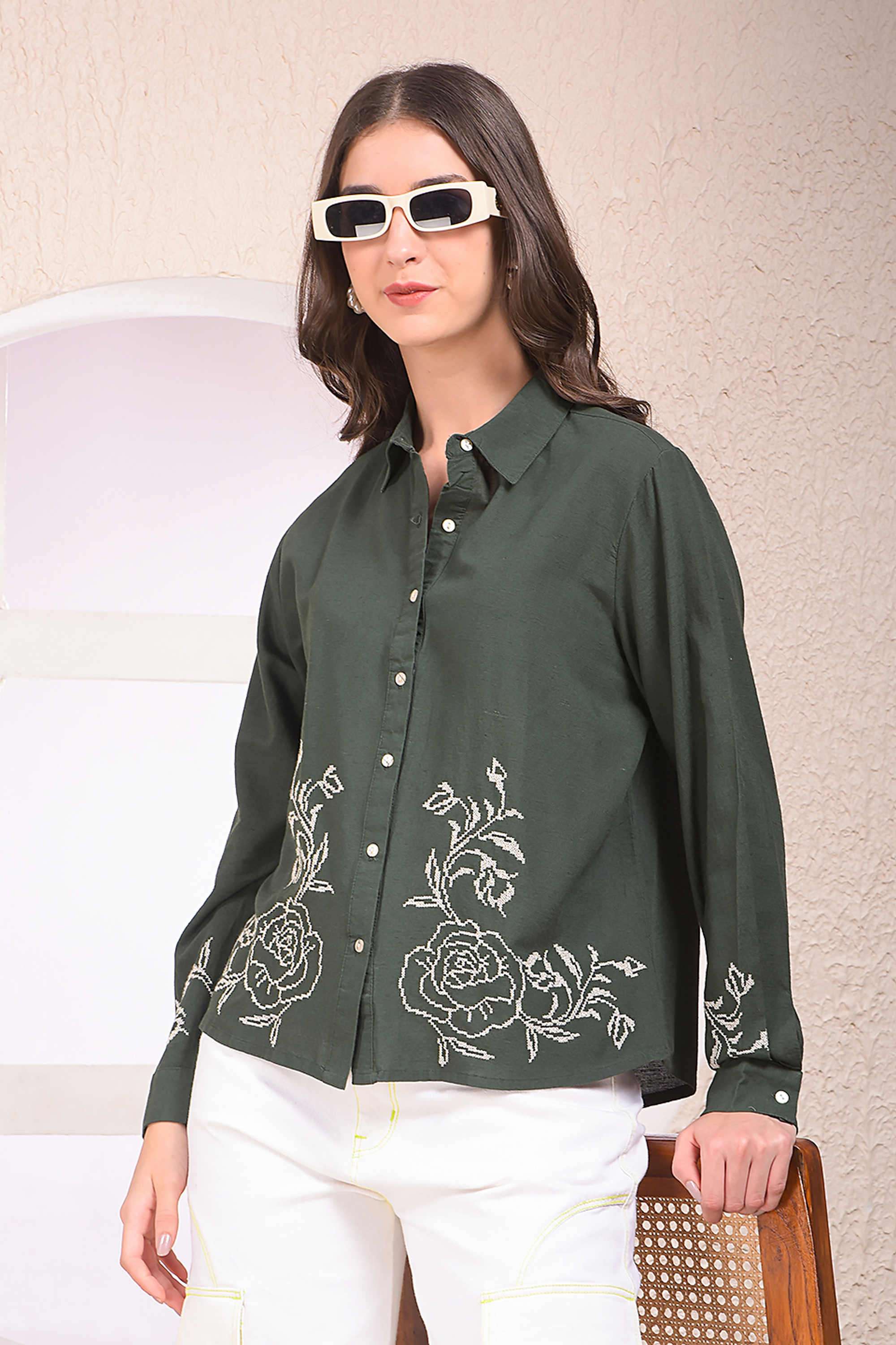 crimsoune club Embroidered Collared Blended Fabric Women Casual Wear Shirt-picture-27
