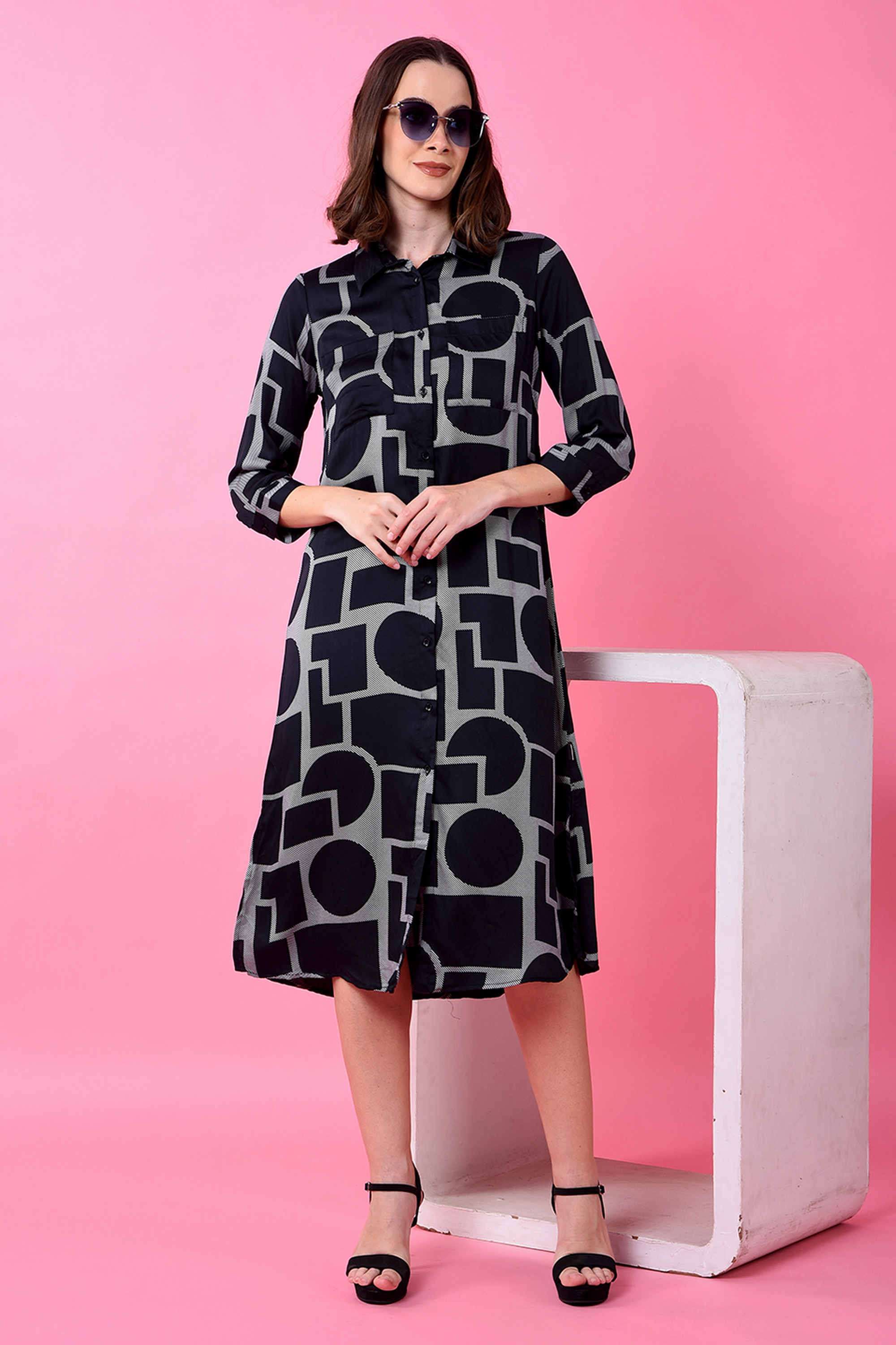 crimsoune club Printed Collared Modal Women Dress-picture-39