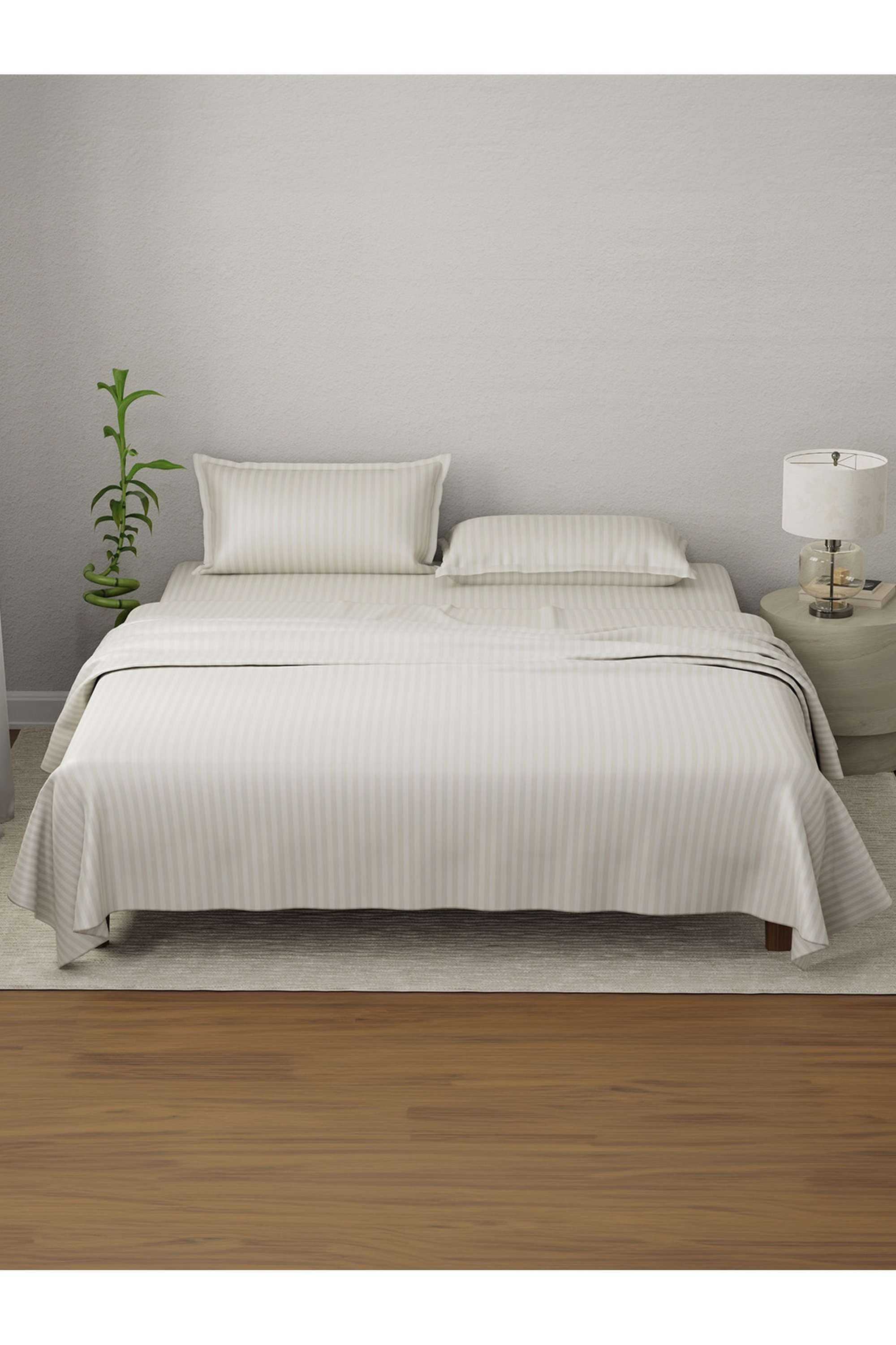 Elegant-100--Cotton-210-TC-Beige-Stripes-King-Bedsheet-Set
