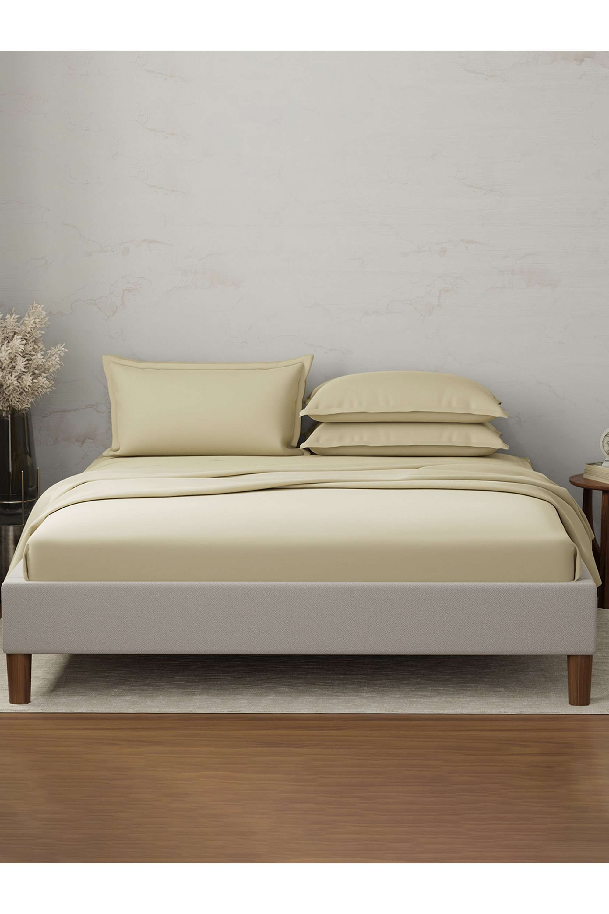Emblem-100--Cotton-300-TC-Beige-Solid-King-Dyed-Bedsheet-with-4-Pillow-Covers