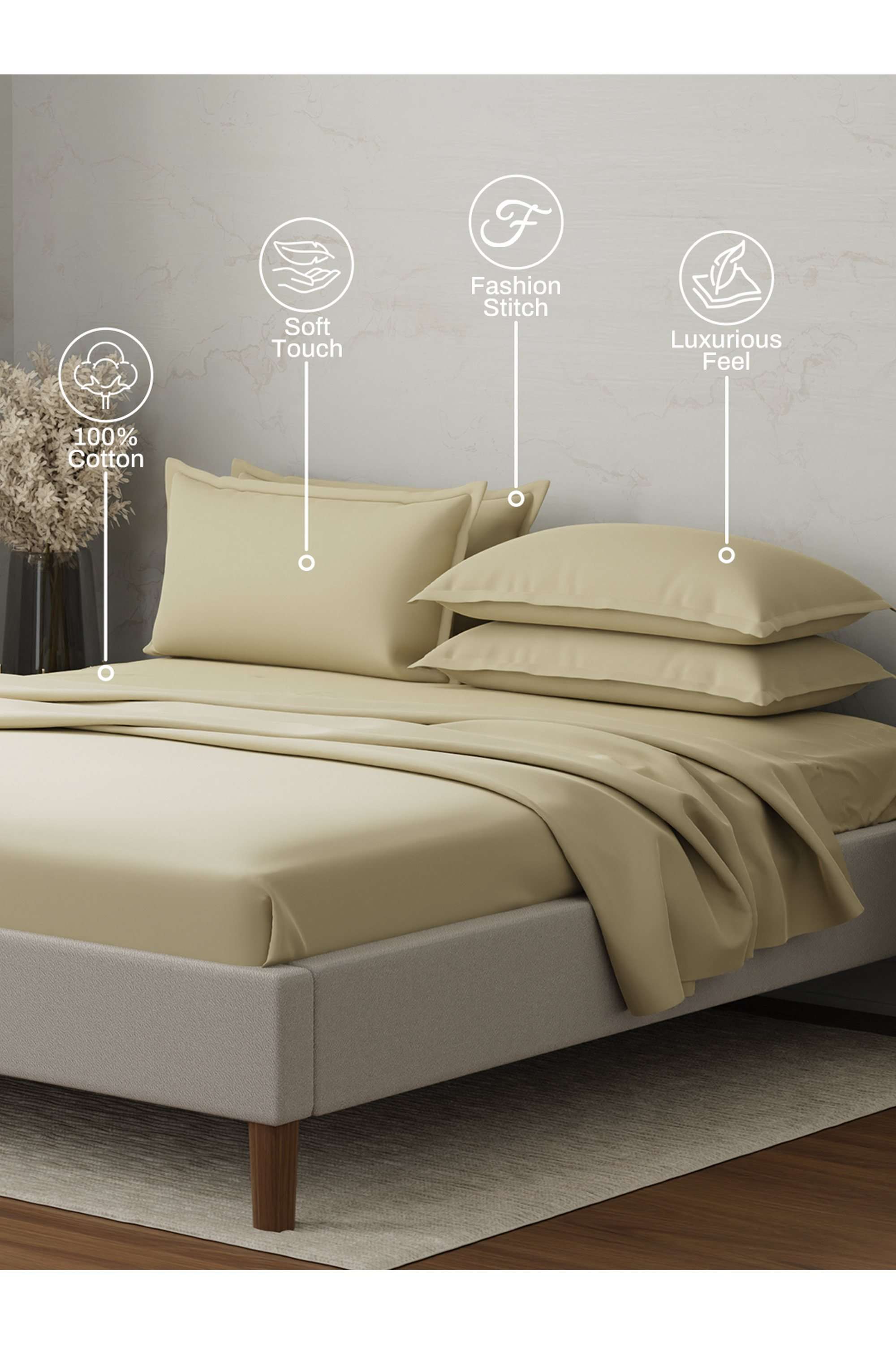 Emblem-100--Cotton-300-TC-Beige-Solid-King-Dyed-Bedsheet-with-4-Pillow-Covers