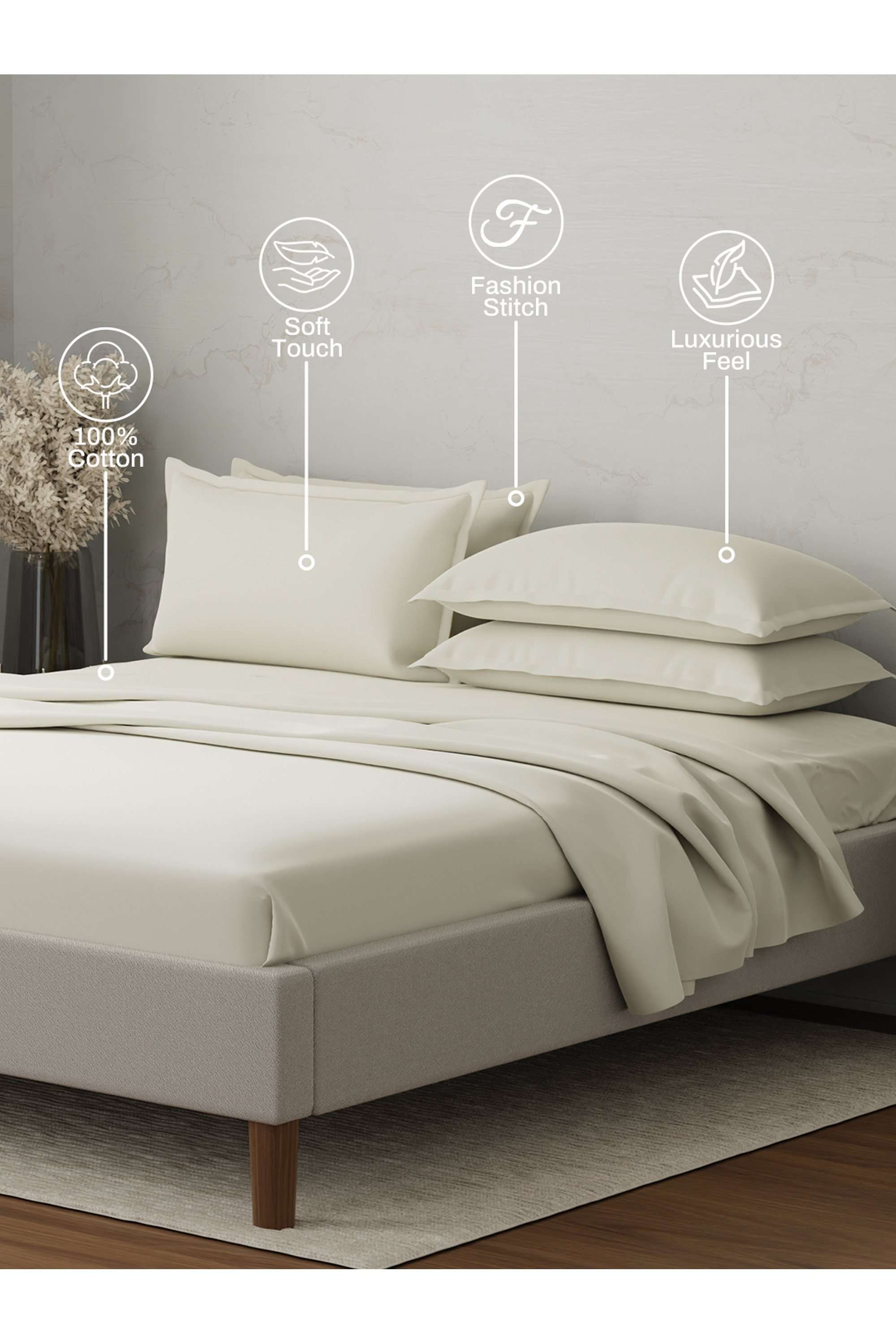 Emblem-100--Cotton-300-TC-White-Solid-King-Dyed-Bedsheet-with-4-Pillow-Covers
