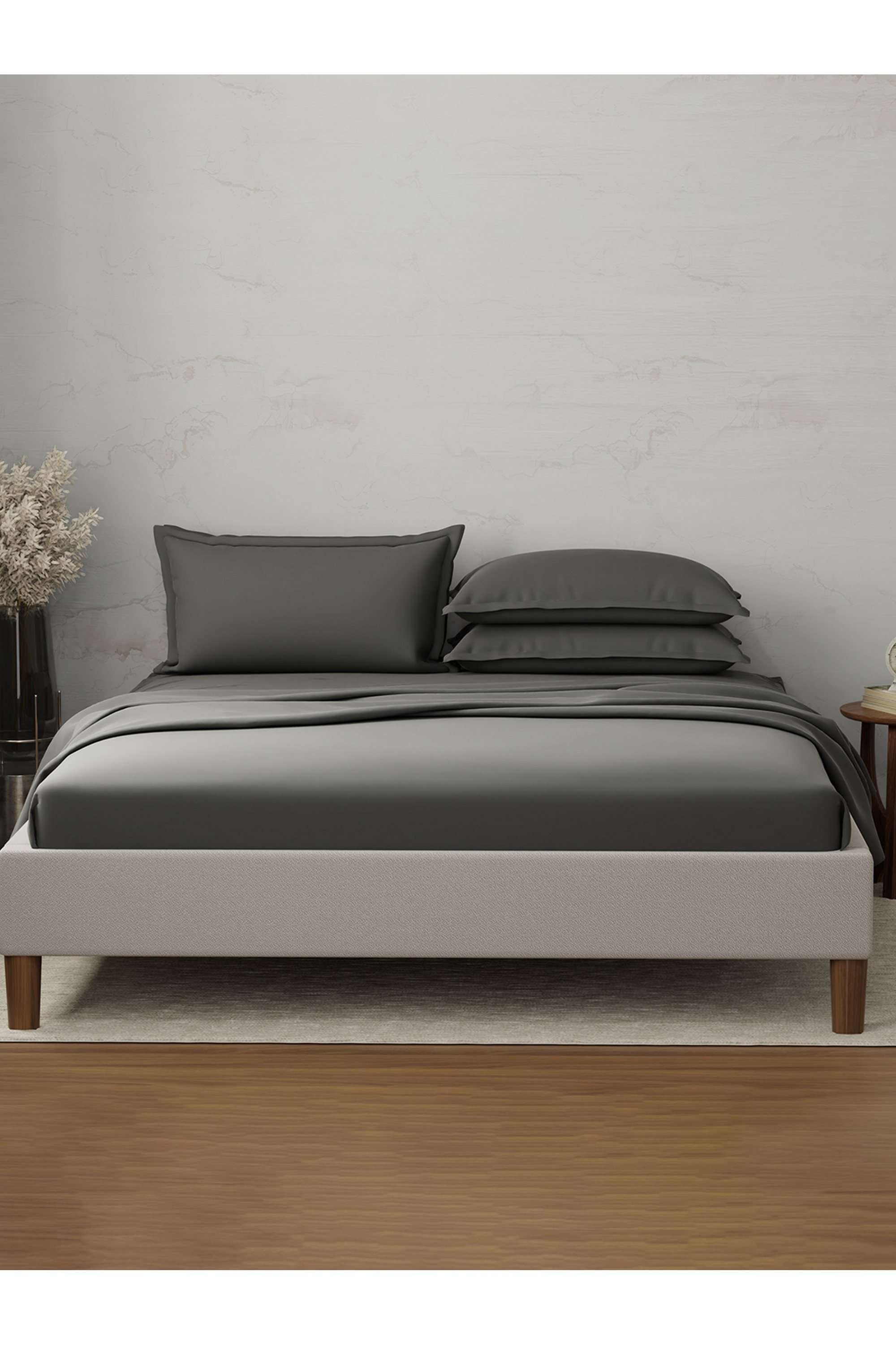 Emblem-100--Cotton-300-TC-Grey-Solid-King-Dyed-Bedsheet-with-4-Pillow-Covers