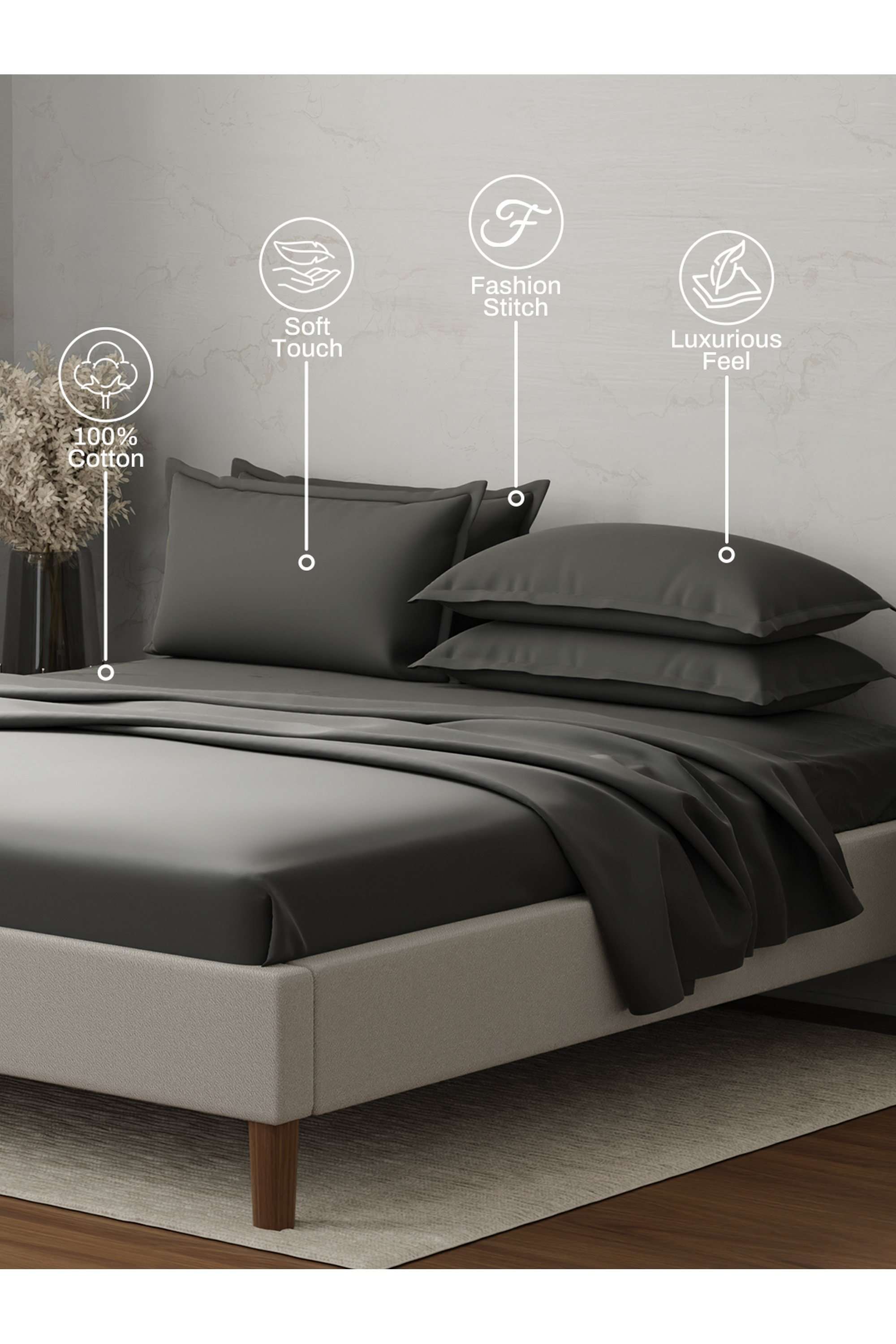Emblem-100--Cotton-300-TC-Grey-Solid-King-Dyed-Bedsheet-with-4-Pillow-Covers