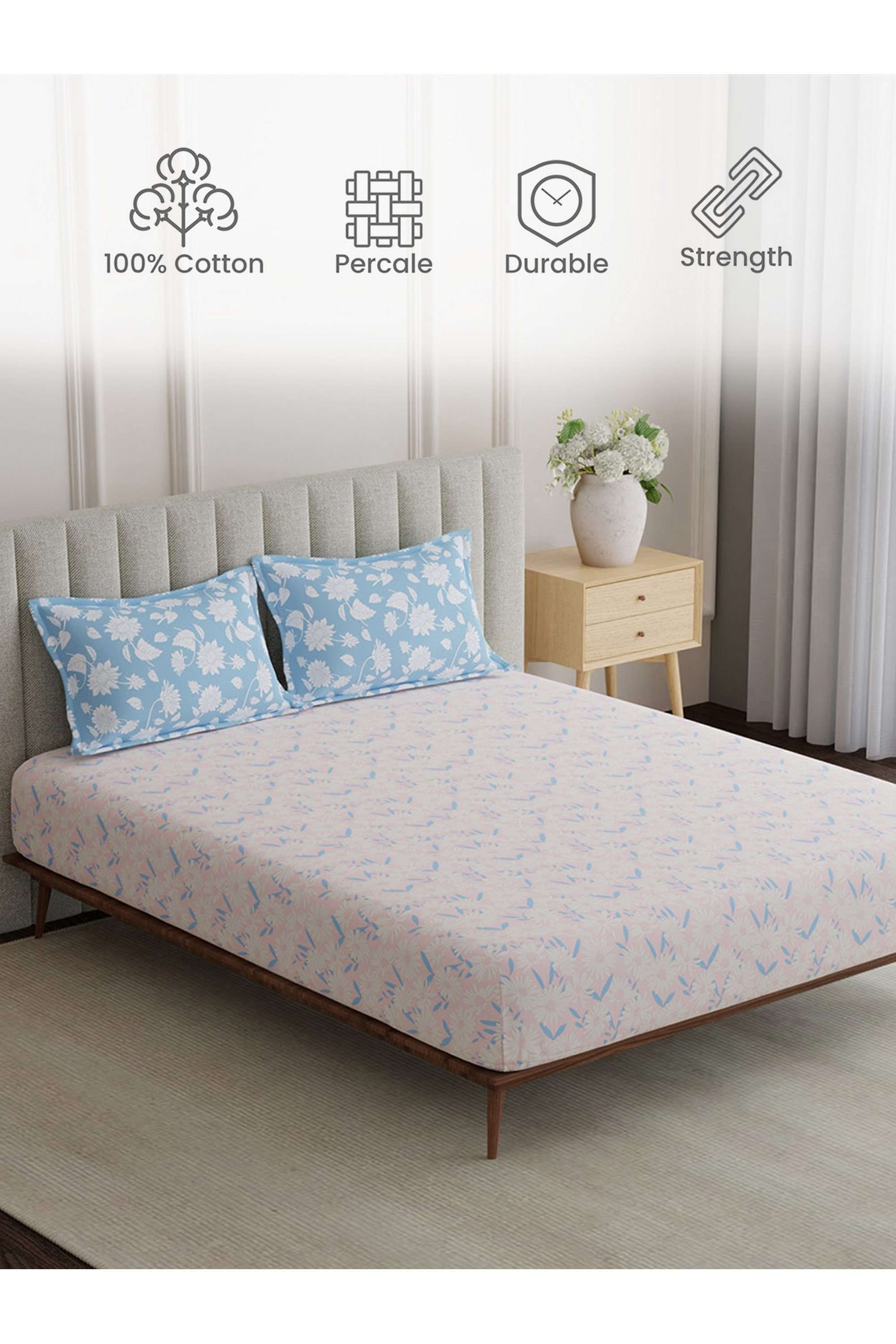 Embrace-100--Cotton-152-TC-Pink-&-Blue-Floral-King-Bedsheet-Set