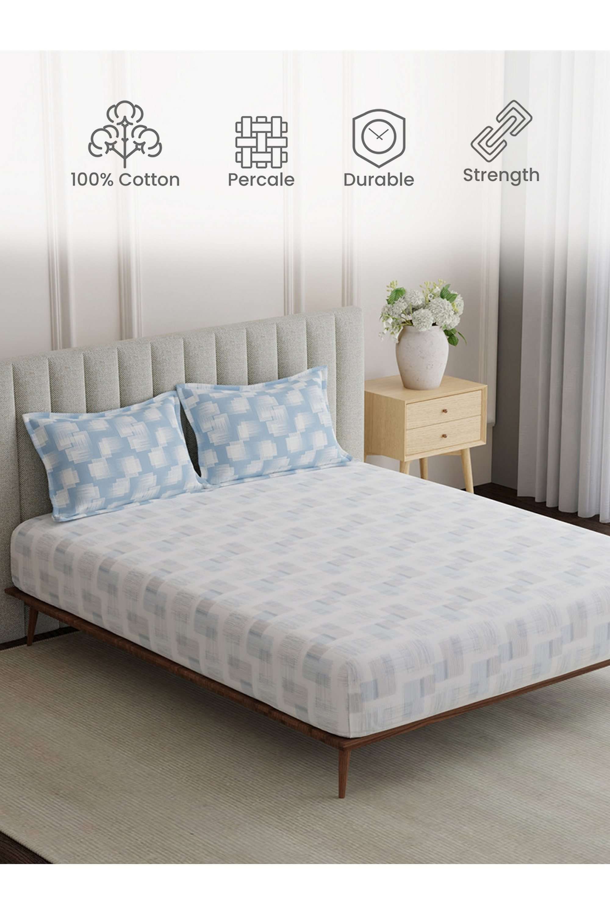 Embrace-100--Cotton-152-TC-Blue-&-White-Geometrical-King-Bedsheet-Set