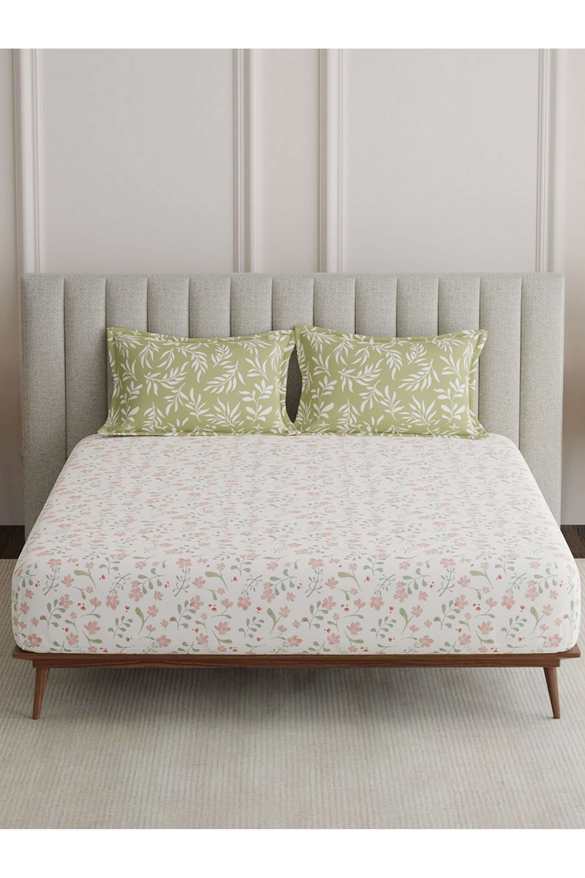 Embrace-100--Cotton-152-TC-Green-&-Pink-Floral-King-Fitted-Sheet-Set