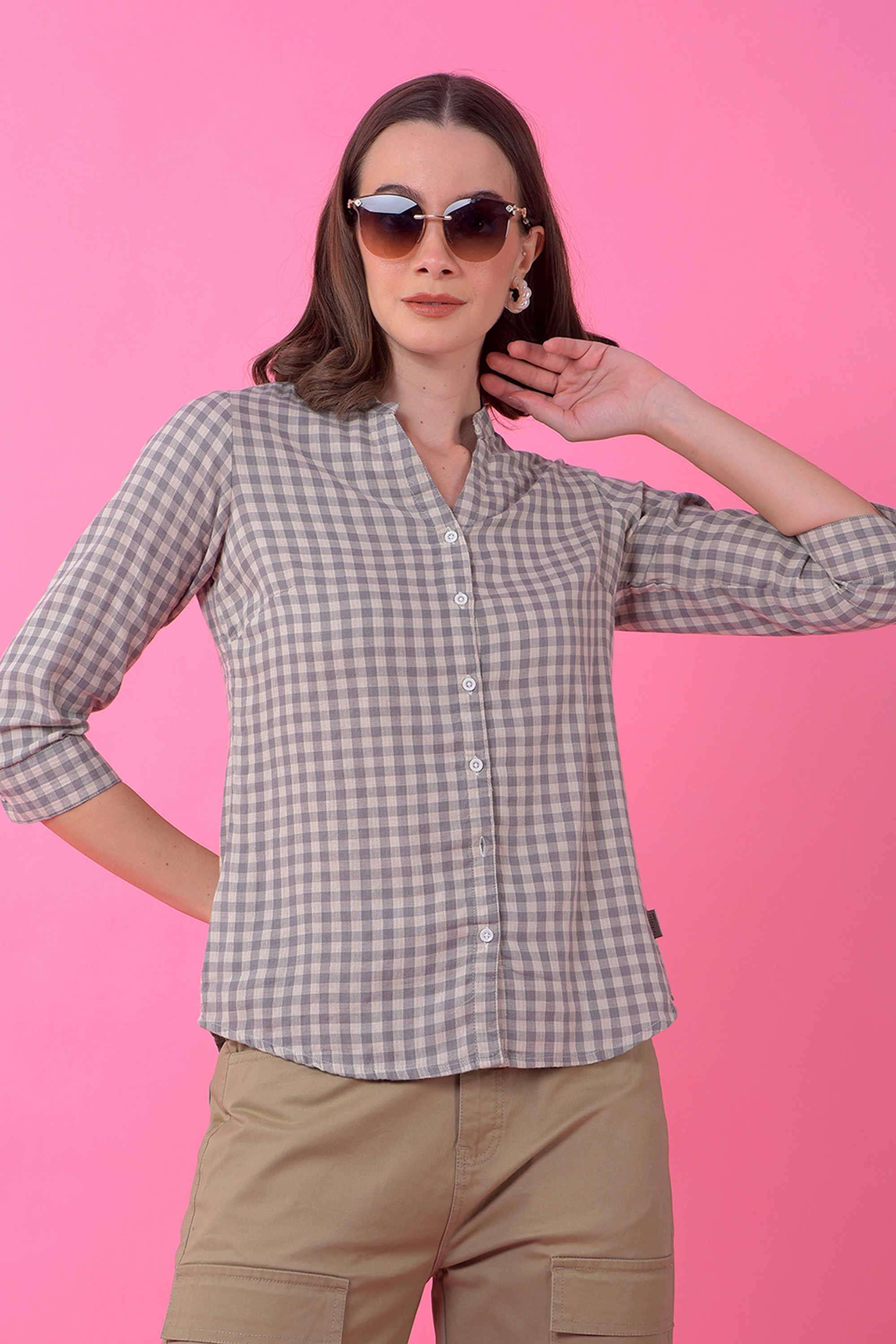crimsoune club Checks V-Neck Cotton Women Casual Wear Shirt-picture-11