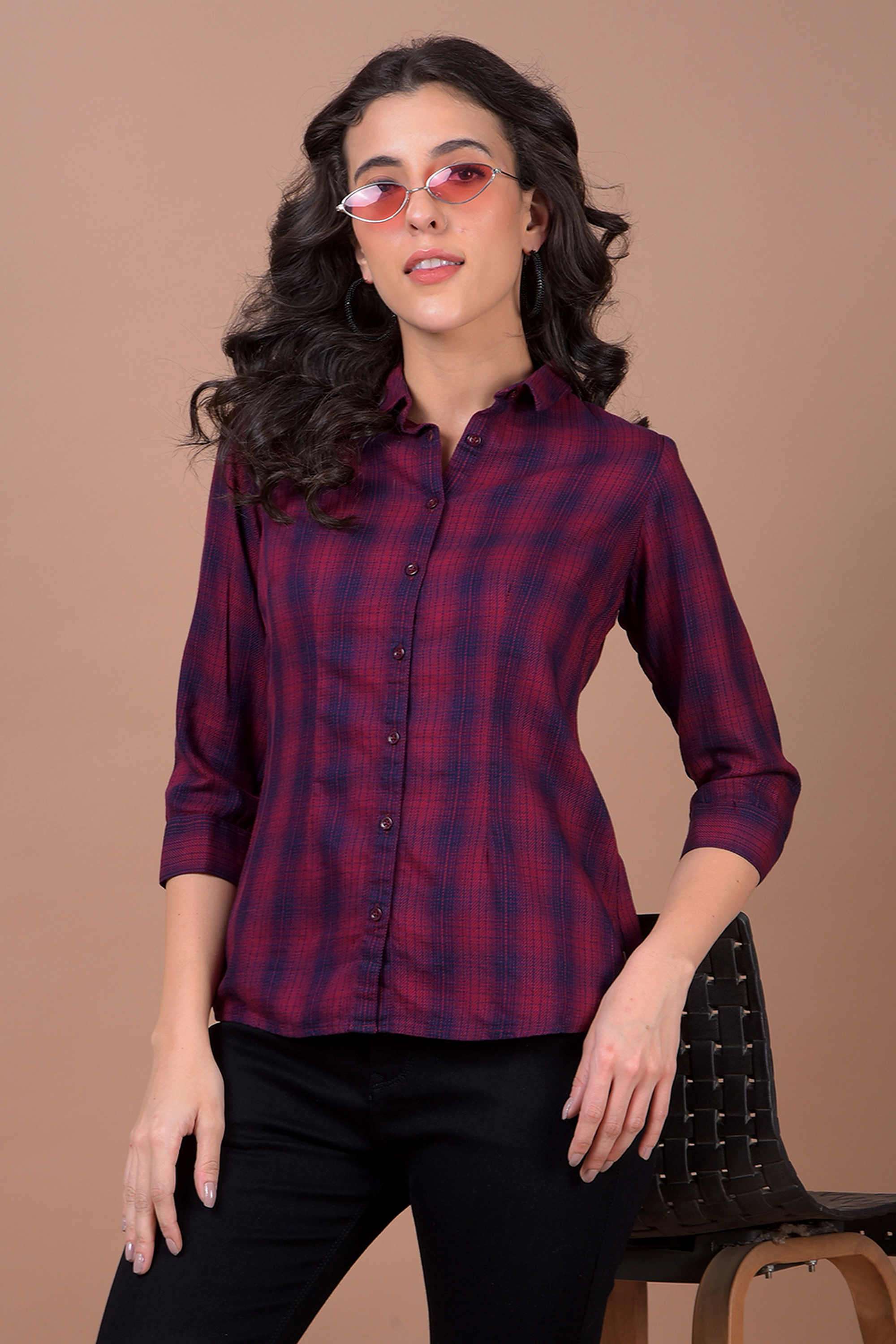 crimsoune club Checks Blended Fabric Collared Women's Shirt-picture-33