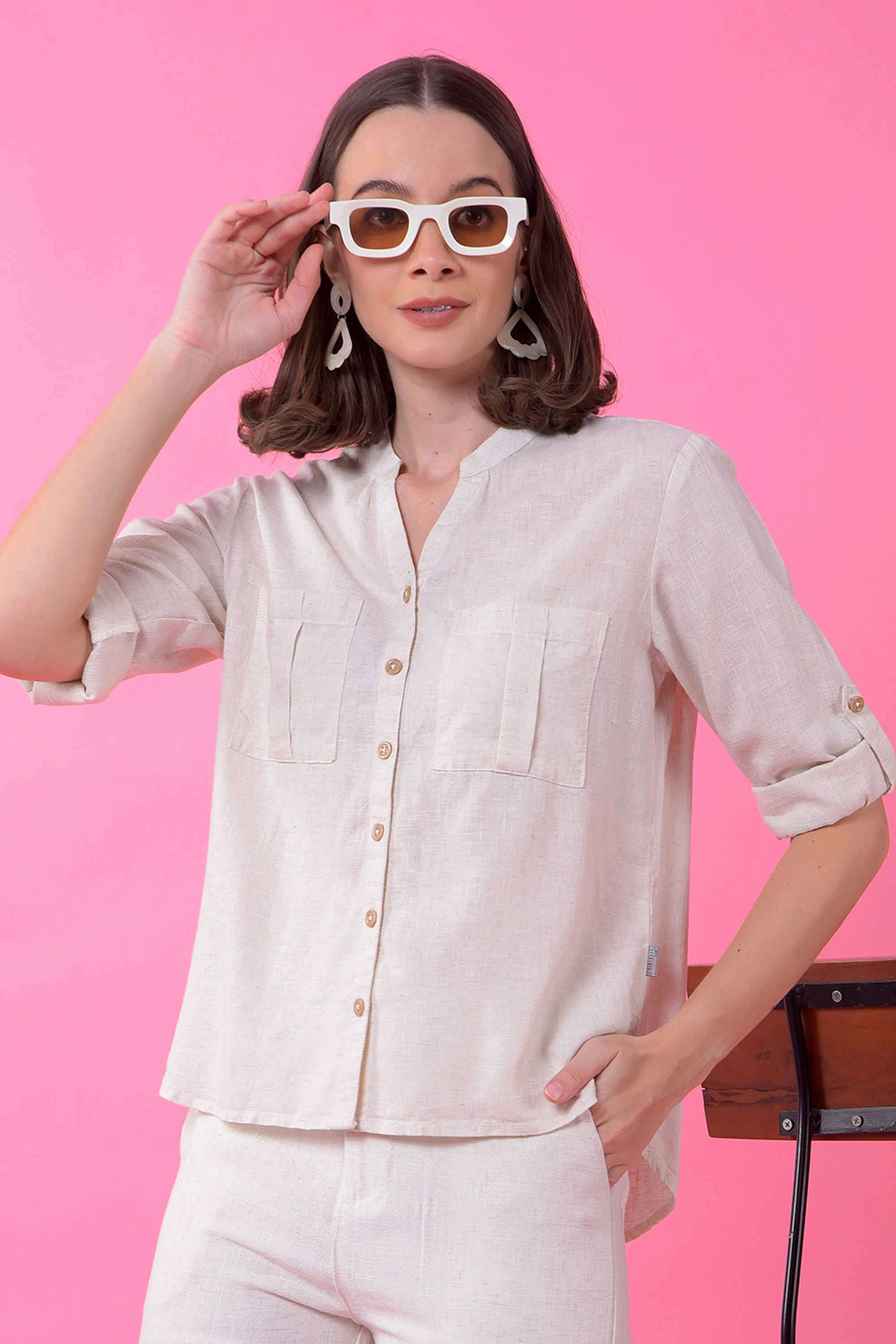 crimsoune club Solid V-Neck Blended Fabric Women Casual Wear Shirt-picture-32