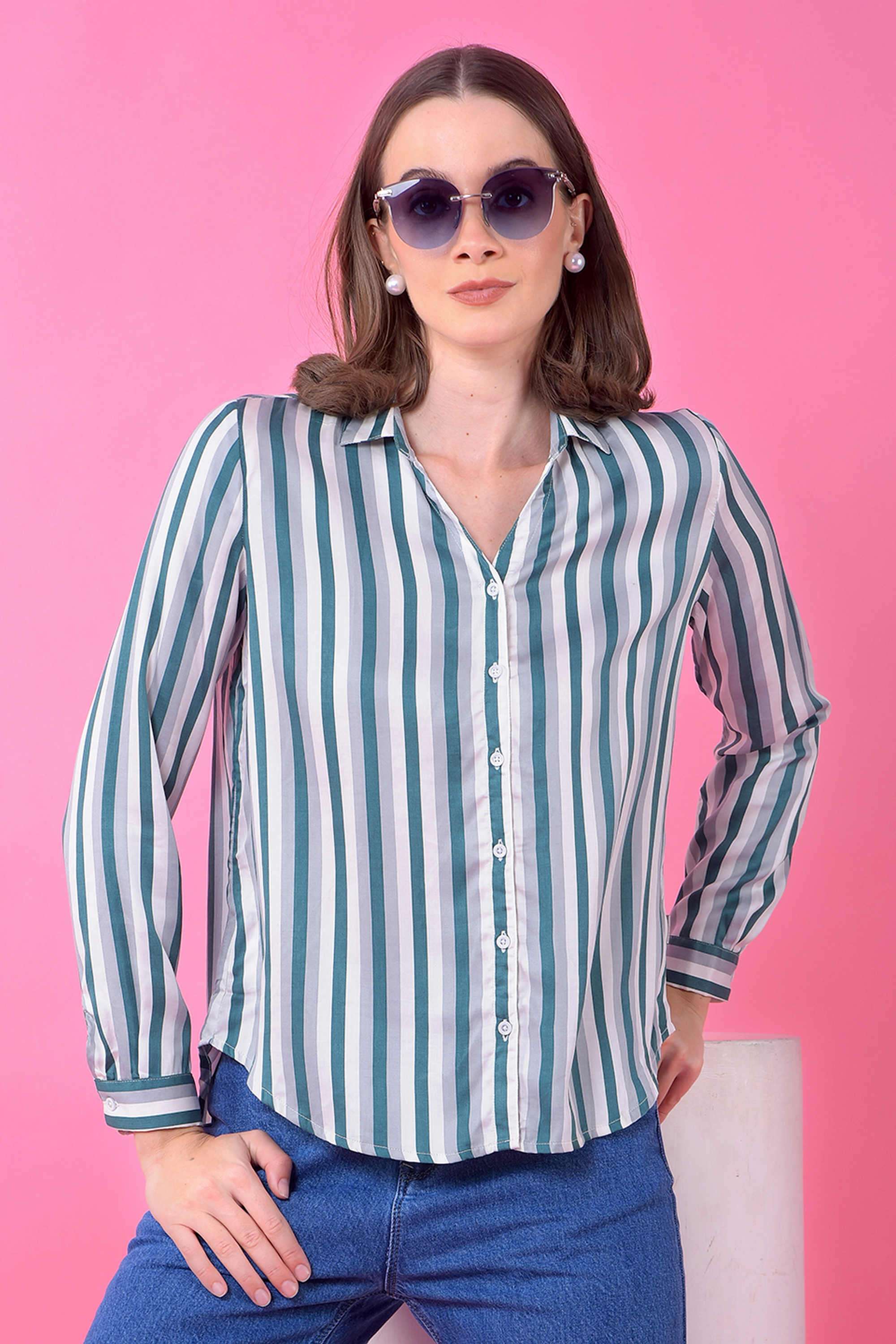 crimsoune club Stripes Collared Modal Women Casual Wear Shirt-picture-11