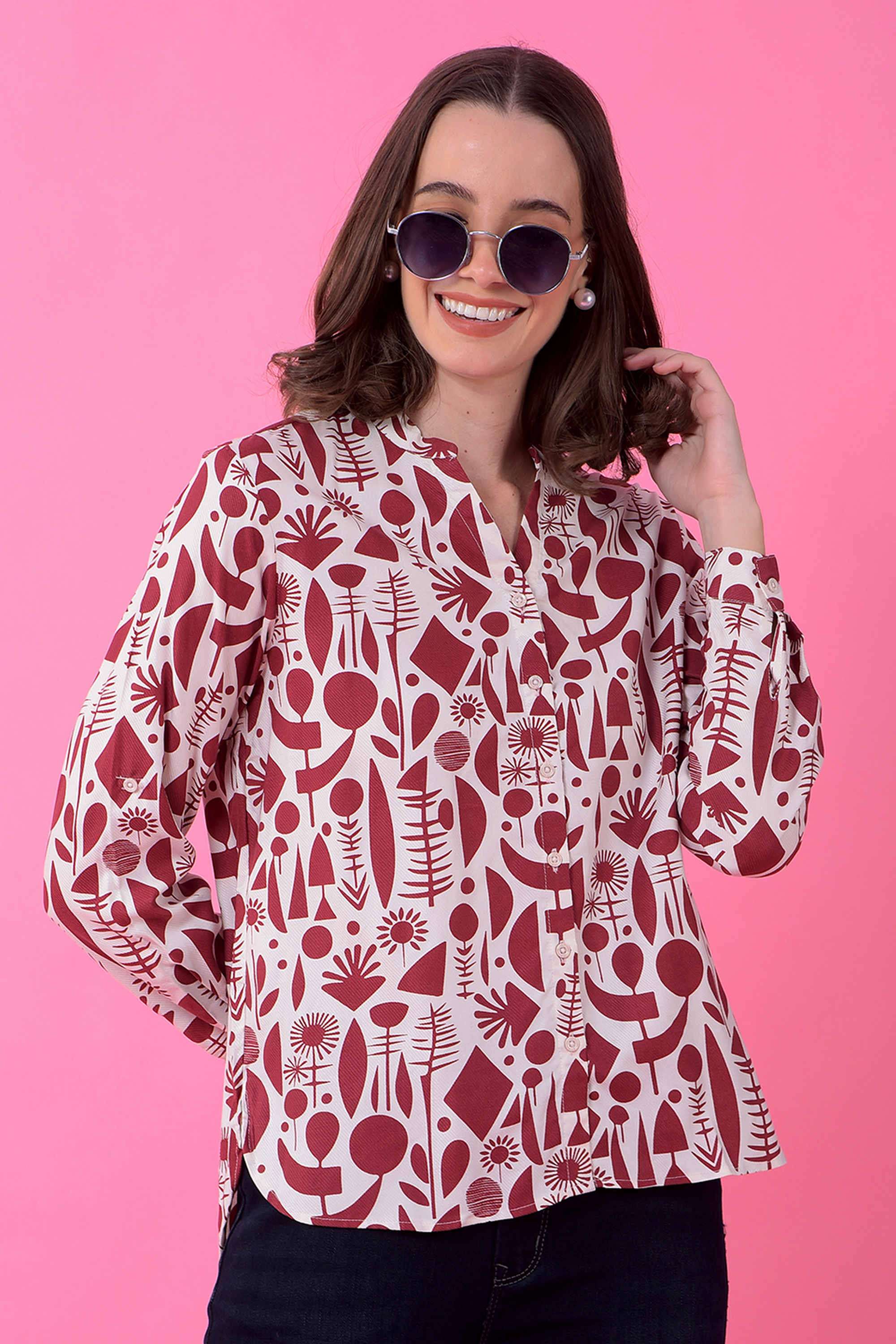 crimsoune club Geometric Print Collared Lyocell Women Shirt-picture-36