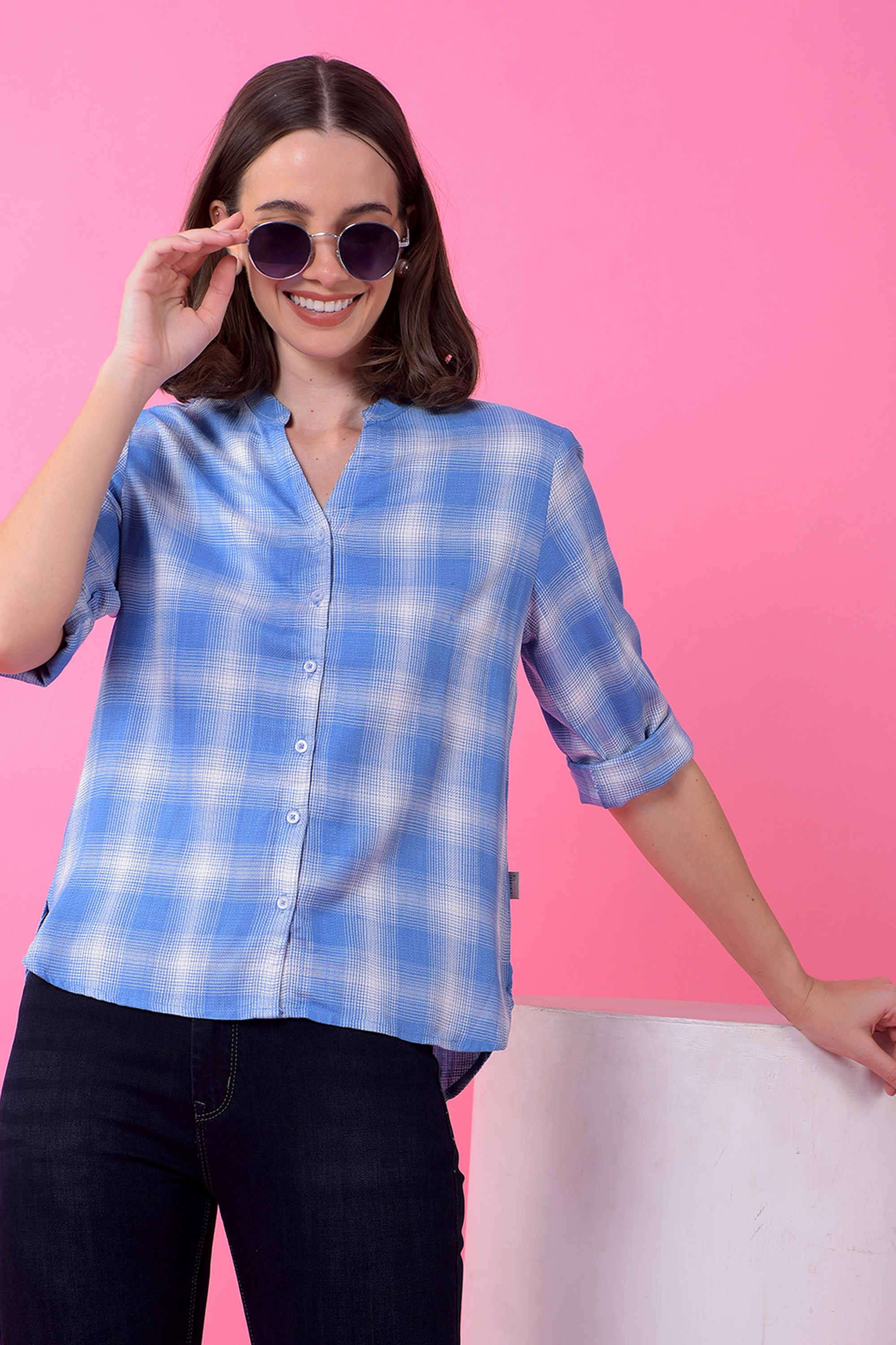crimsoune club Checks V-Neck Lyocell Women Casual Wear Shirt-picture-11
