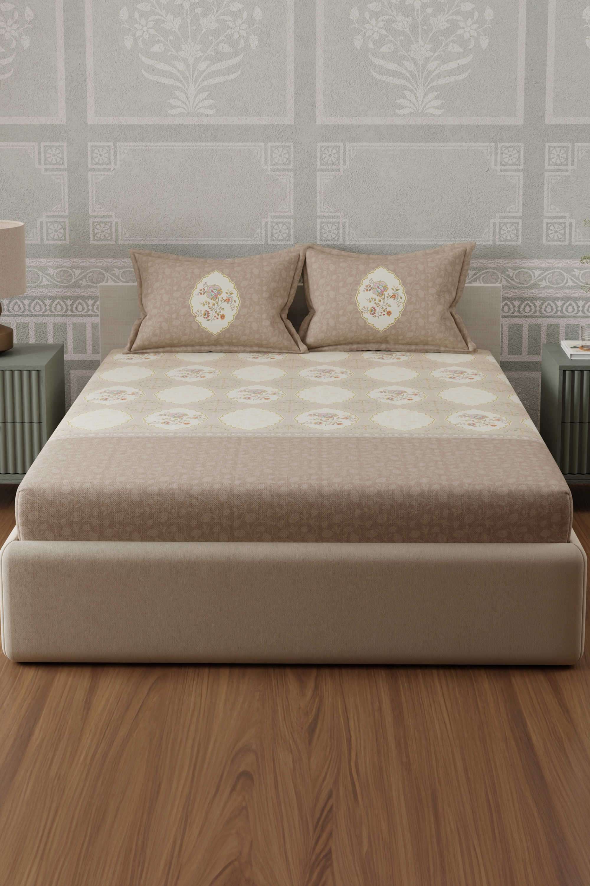 Gardenia-Augusta-Vintage-100--Cotton-300-TC-Grey-Digitally-Printed-King-Bedsheet-with-2-Pillow-Covers