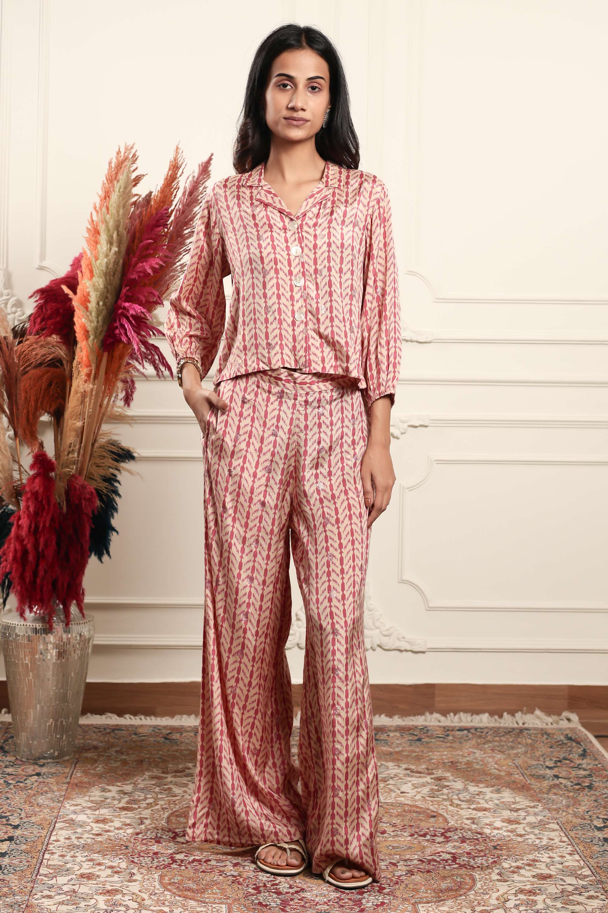 3/4-Sleeves-Regular-Fit-Blended-Fabric-Women-s-Co-Ord-Set