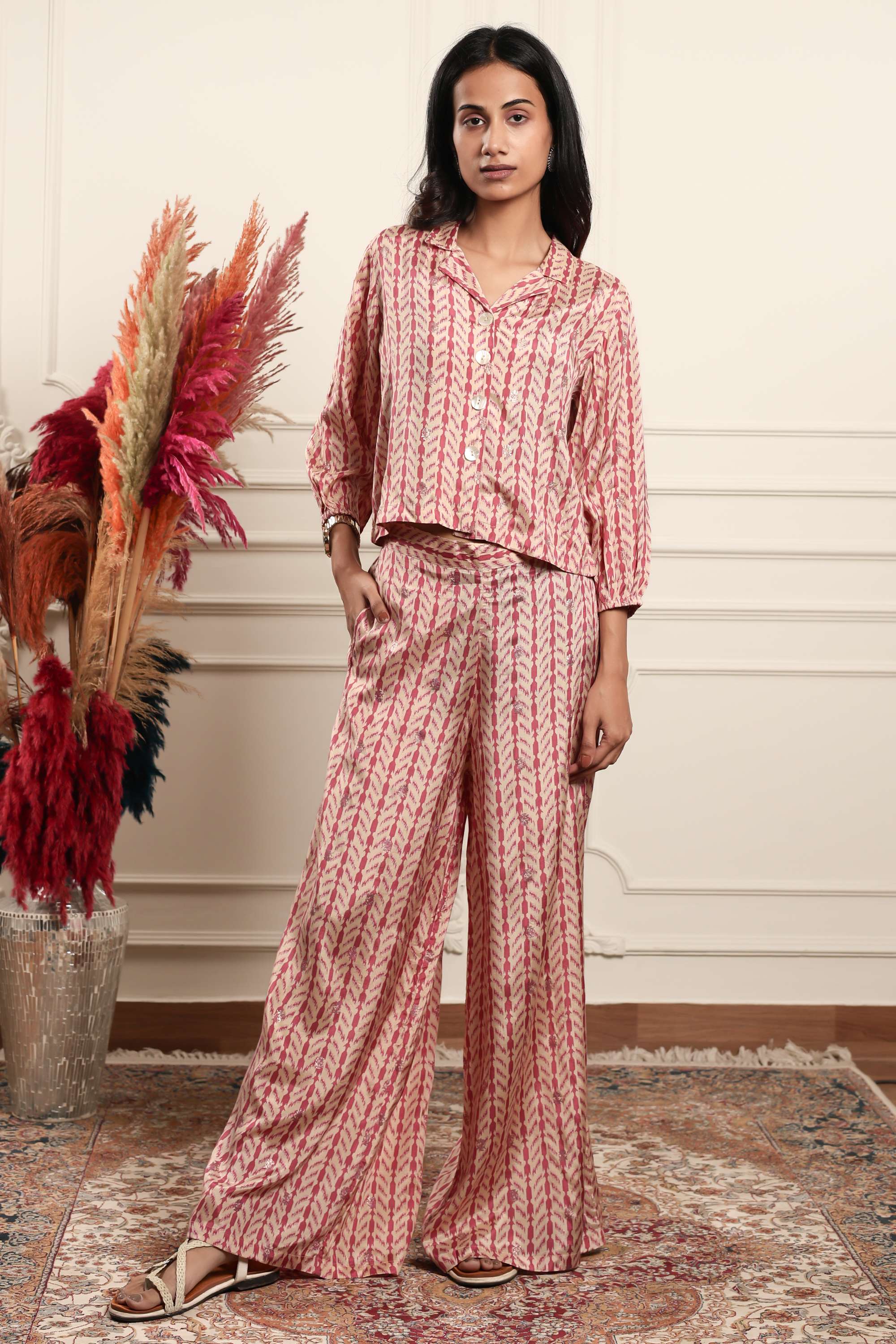 3/4-Sleeves-Regular-Fit-Blended-Fabric-Women-s-Co-Ord-Set