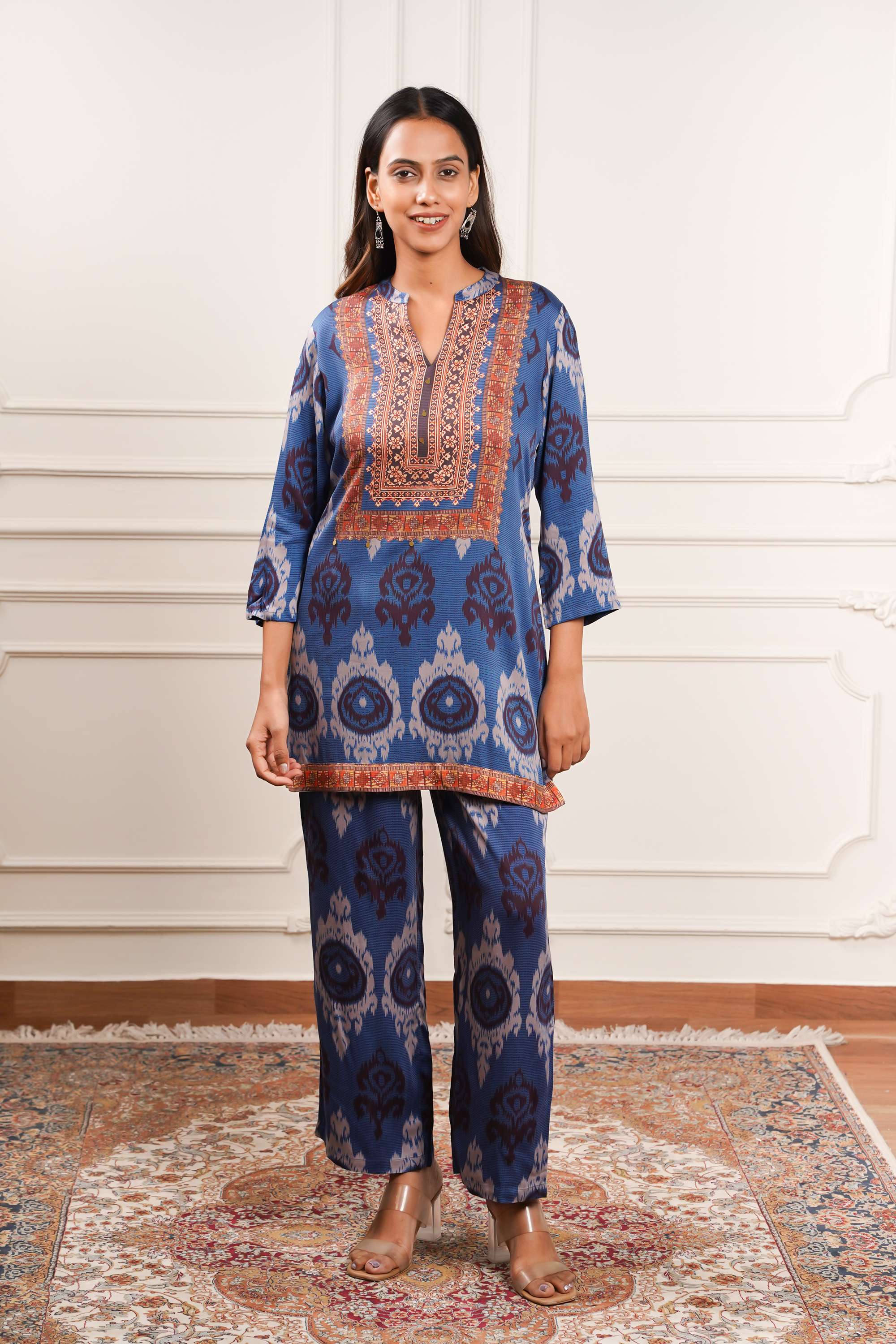 Printed-Y-Neck-Blended-Fabric-Women-Co-Ord-Set