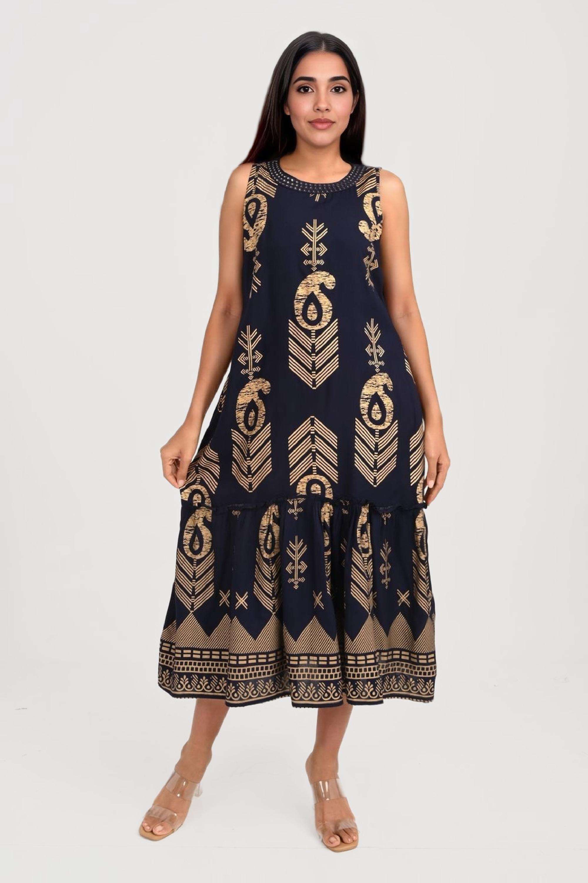 Printed-Round-Neck-Viscose-Women-Dress