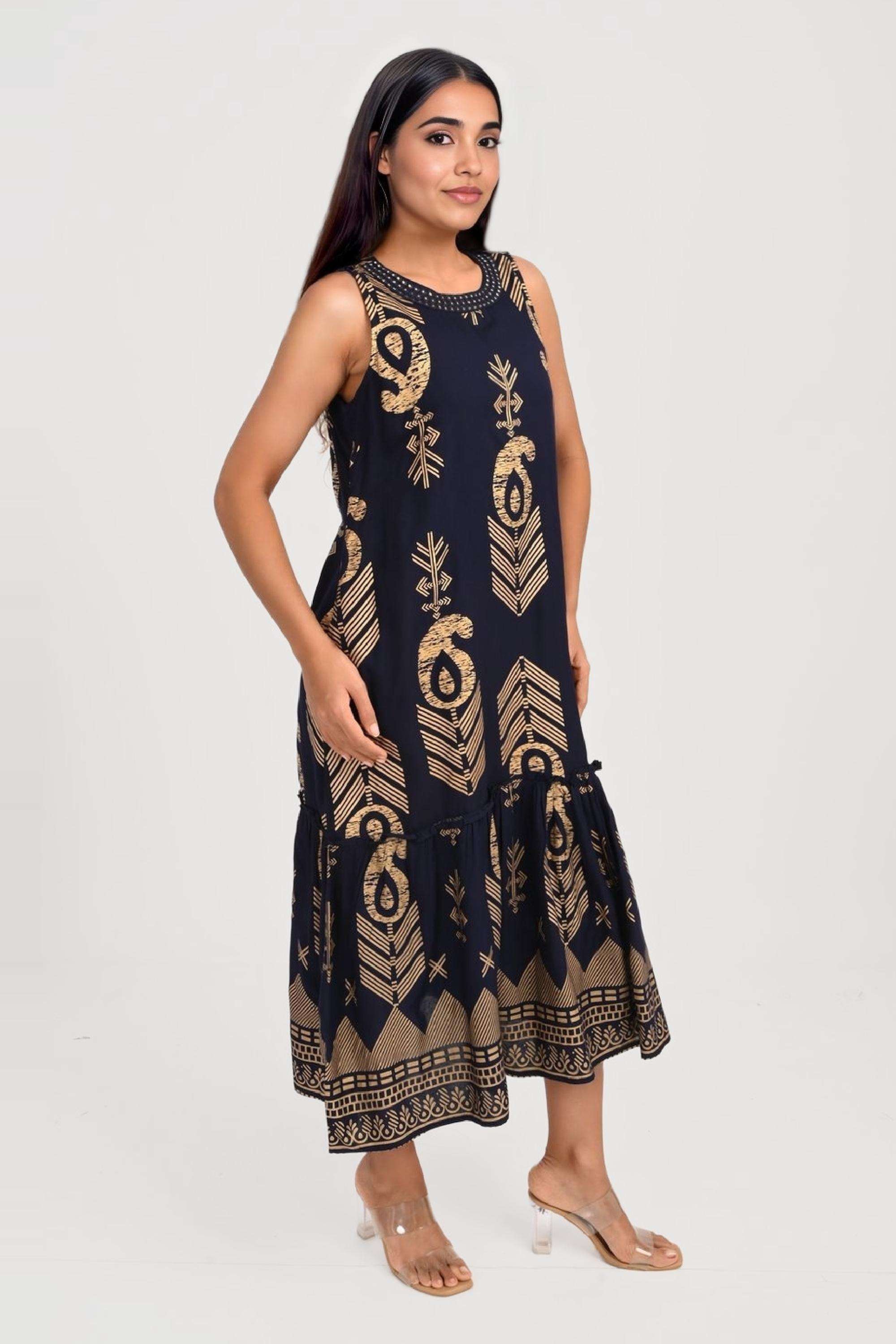 Printed-Round-Neck-Viscose-Women-Dress