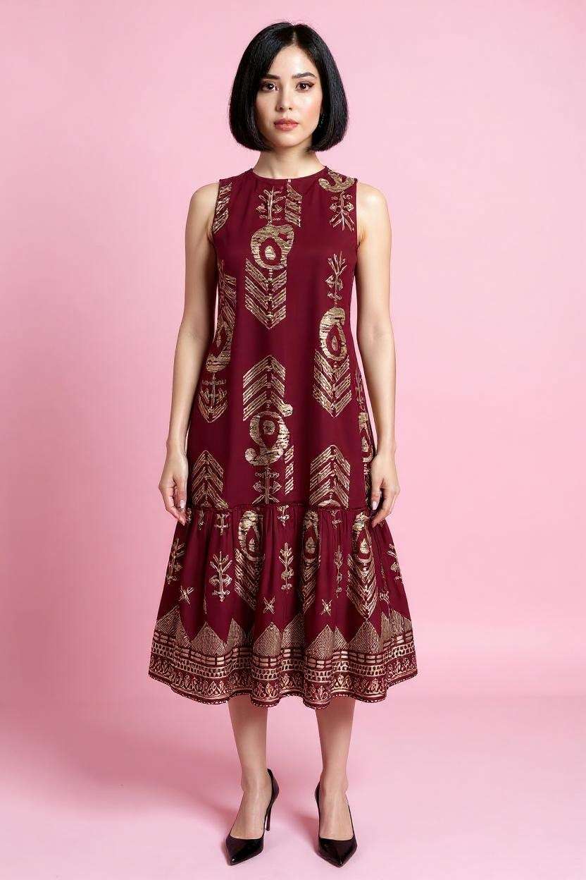 Printed-Round-Neck-Viscose-Women-Dress