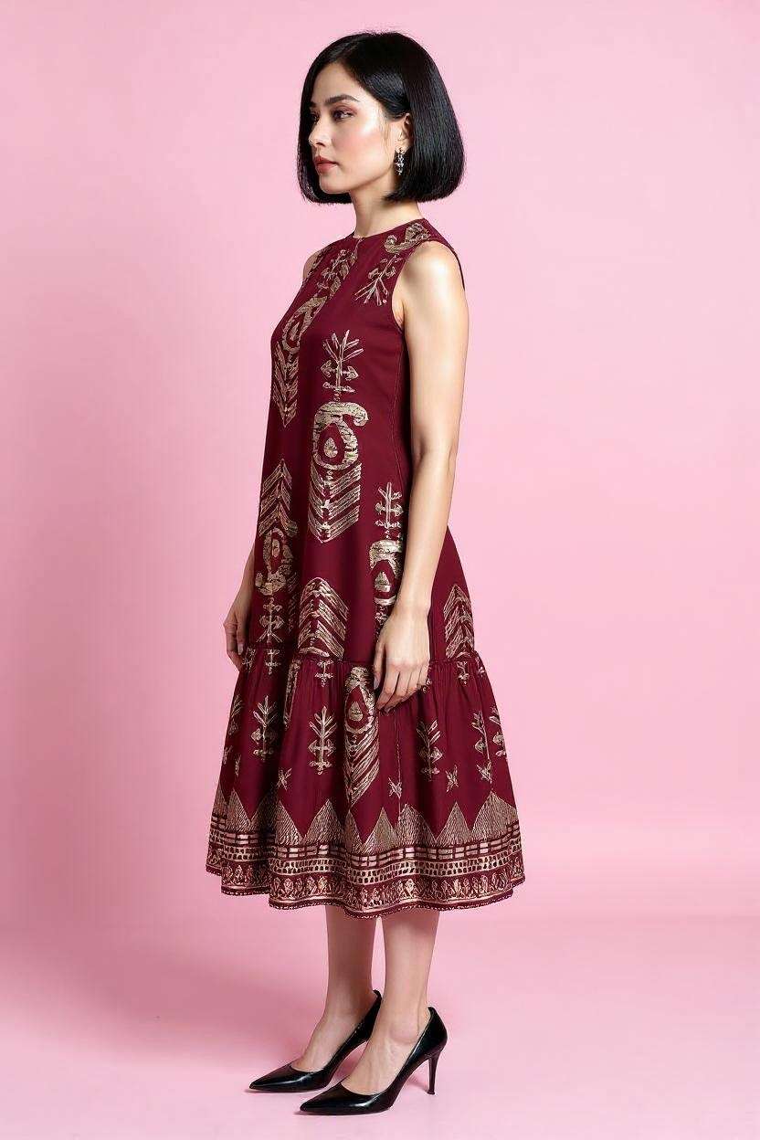 Printed-Round-Neck-Viscose-Women-Dress