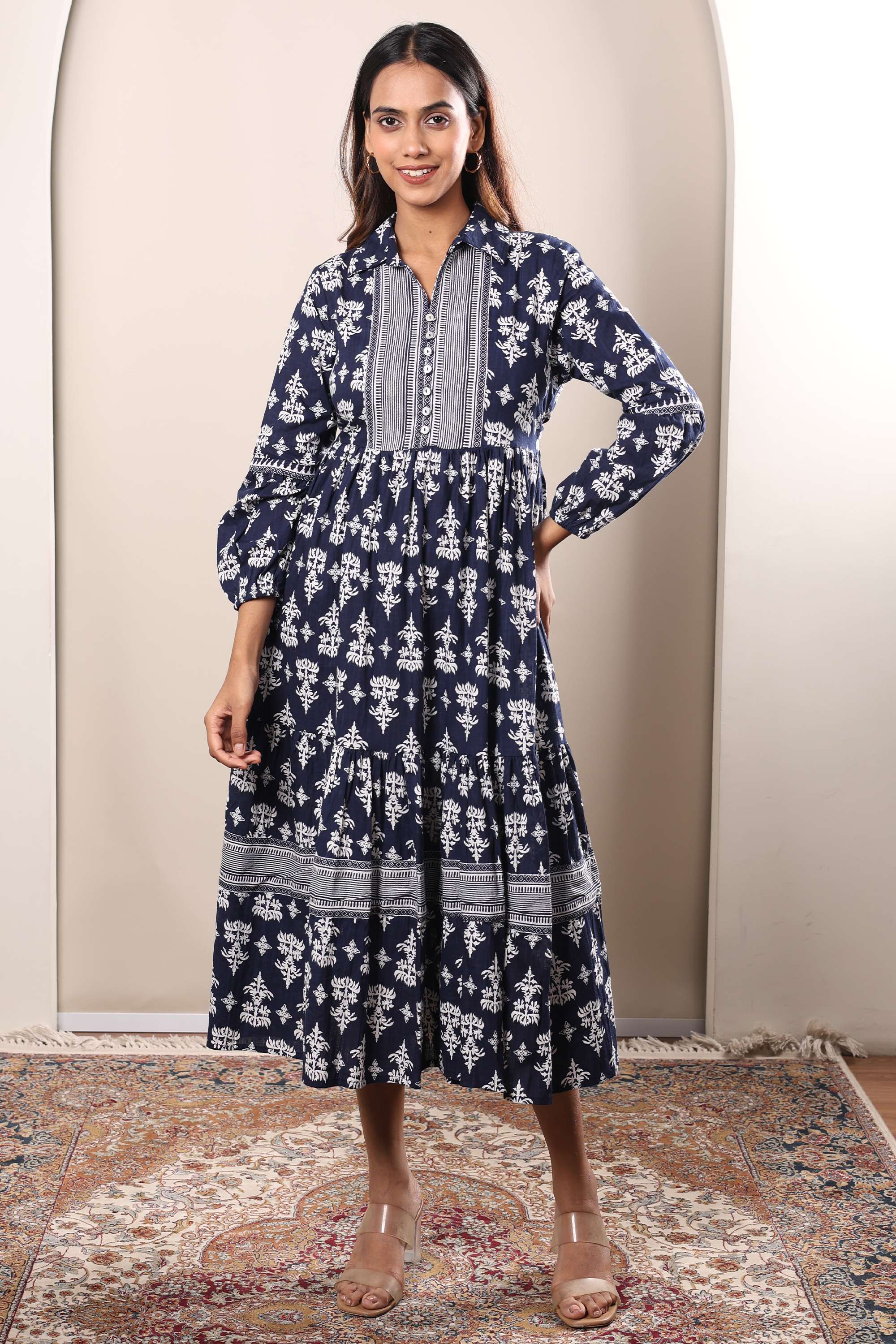 Printed-Collared-Cotton-Women-s-Calf-Length-Dress