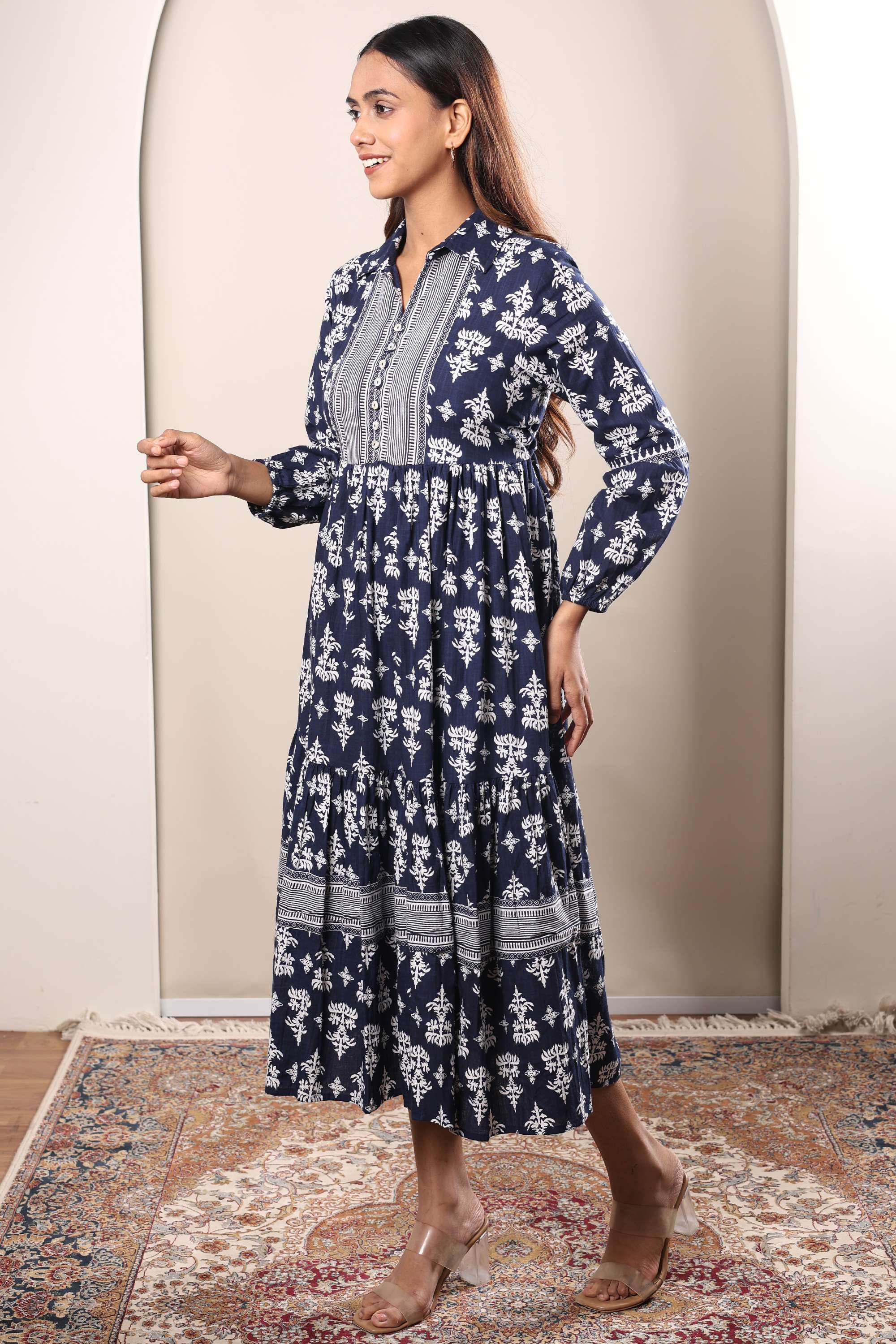 Printed-Collared-Cotton-Women-s-Calf-Length-Dress