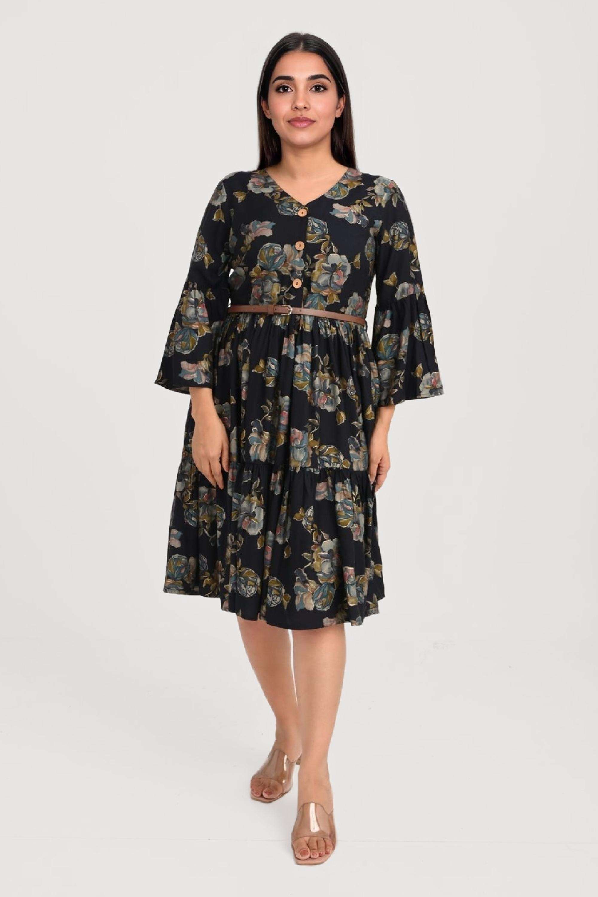 Printed-Blended-Fabric-Regular-Fit-Women-s-Midi-Dress