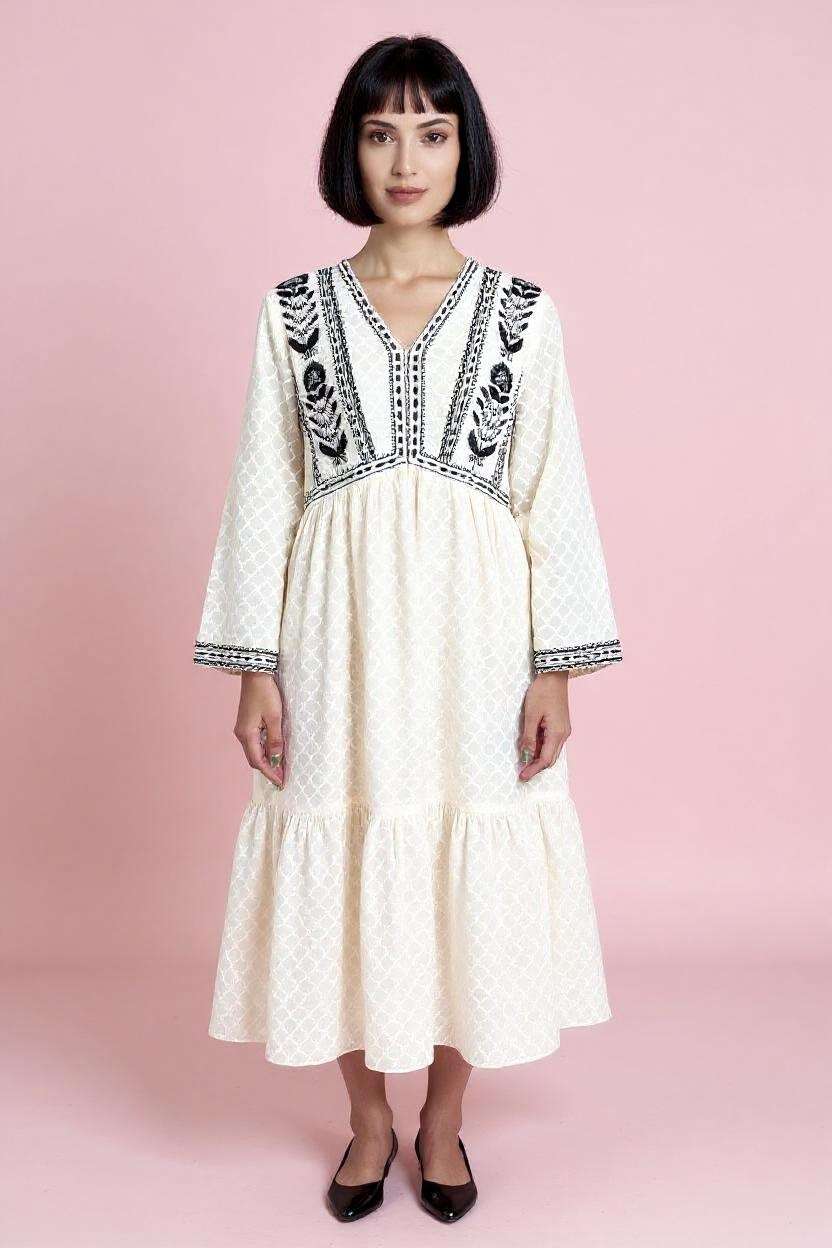 Textured-V-Neck-Cotton-Women-s-Dress