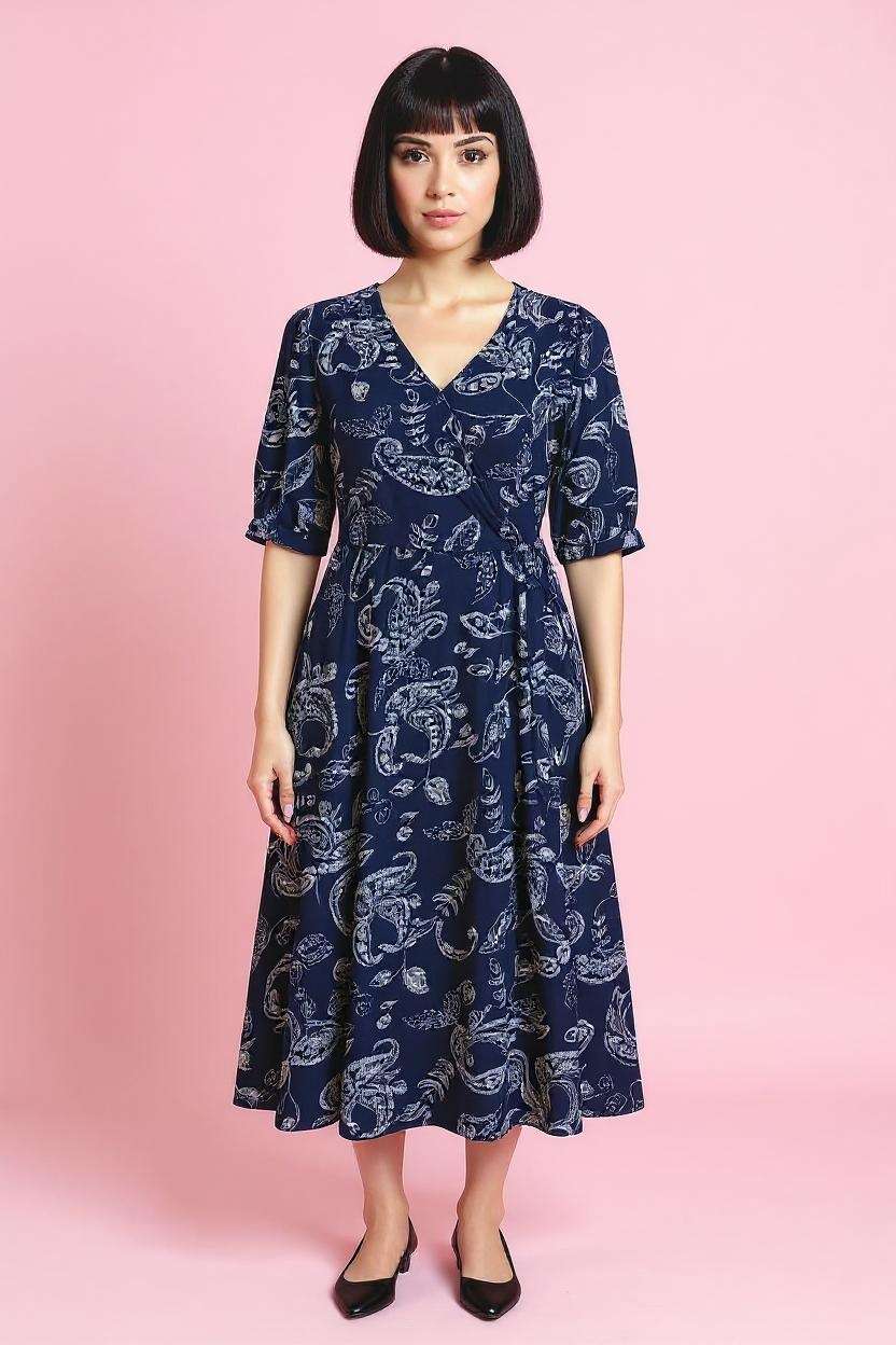 Printed-V-Neck-Viscose-Women-Dress