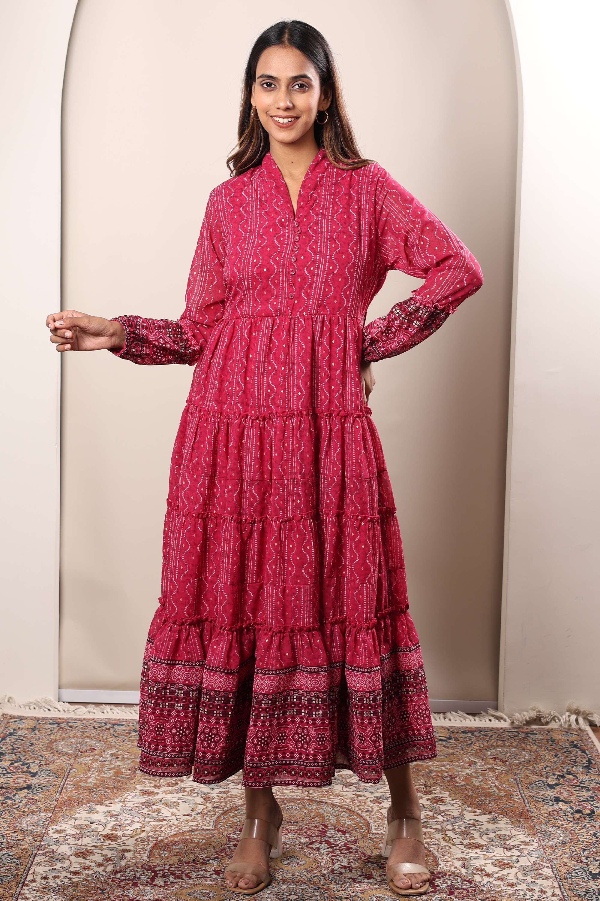 Printed-Collared-Georgette-Women-s-Ankle-Length-Dress