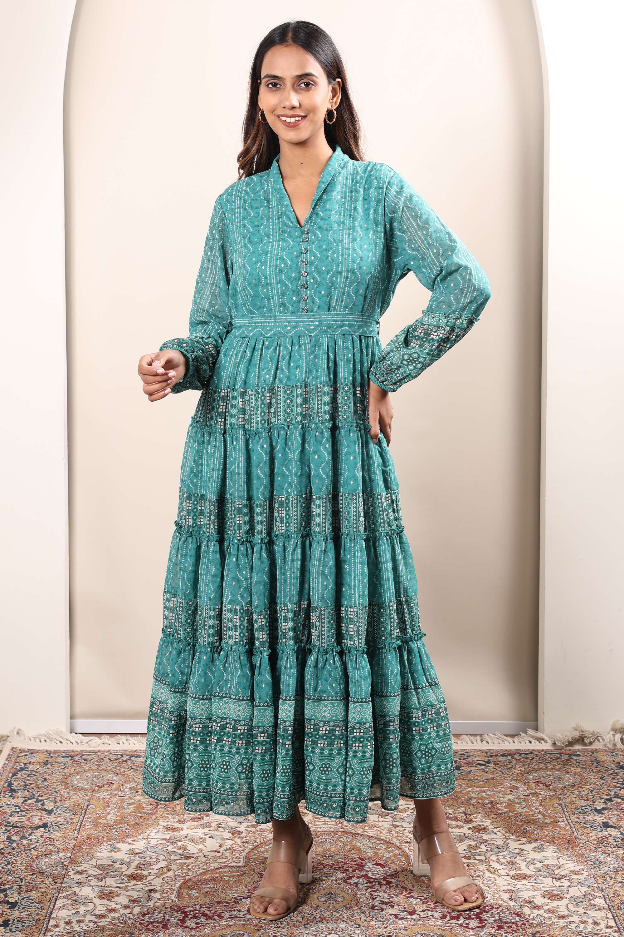 Printed-Collared-Georgette-Women-s-Ankle-Length-Dress