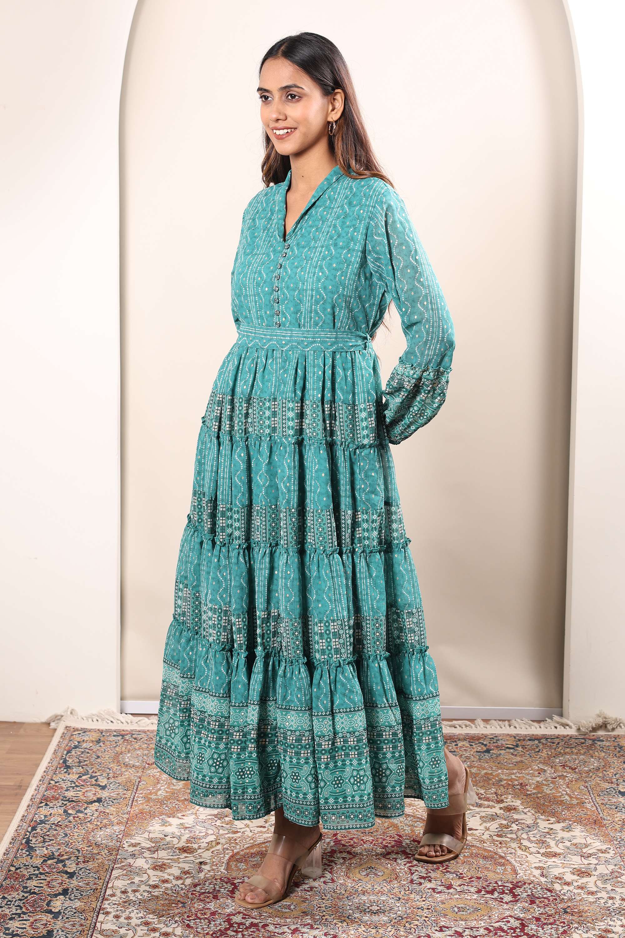 Printed-Collared-Georgette-Women-s-Ankle-Length-Dress