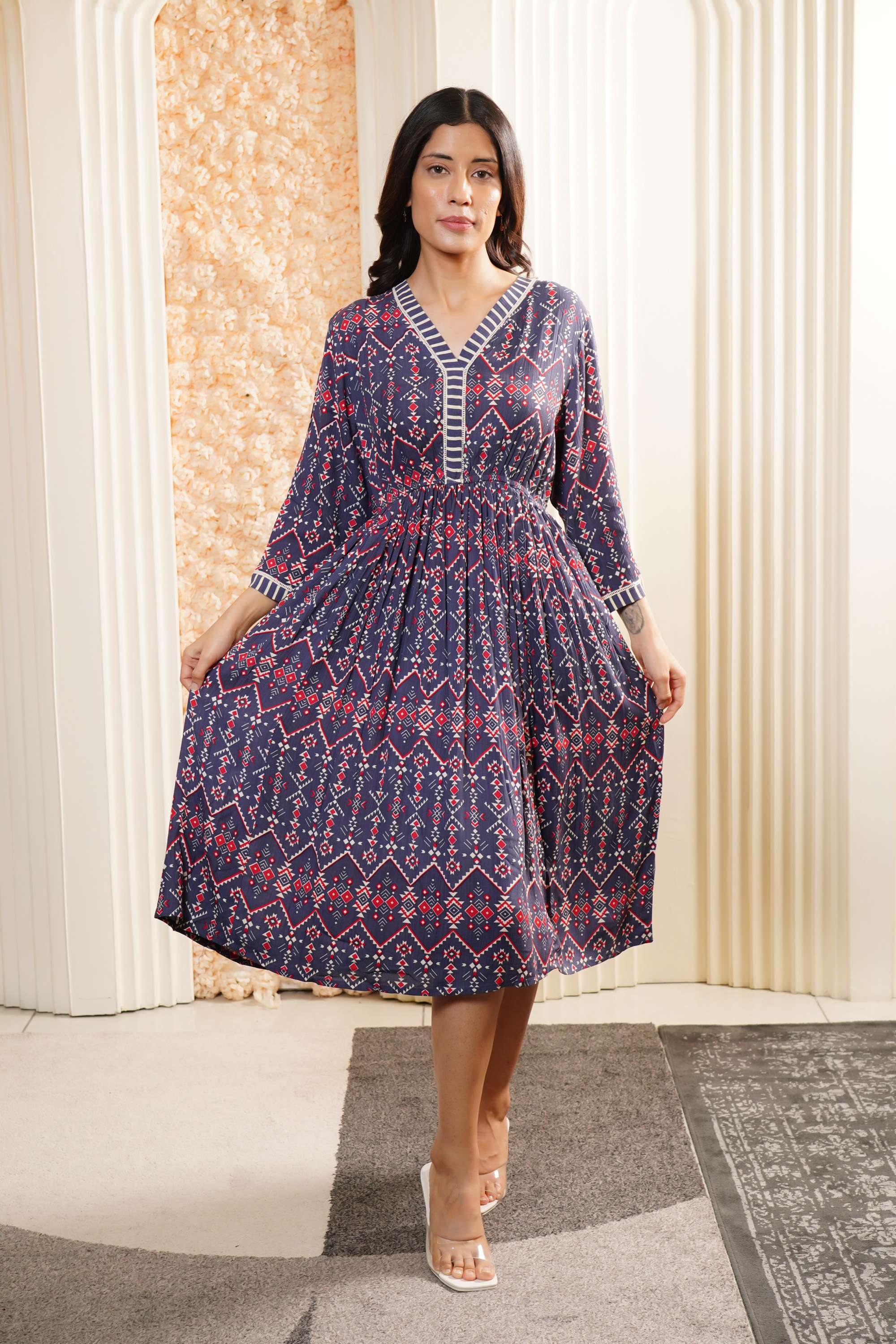 Solid-Blended-Fabric-Women-Fusion-Wear-Dress