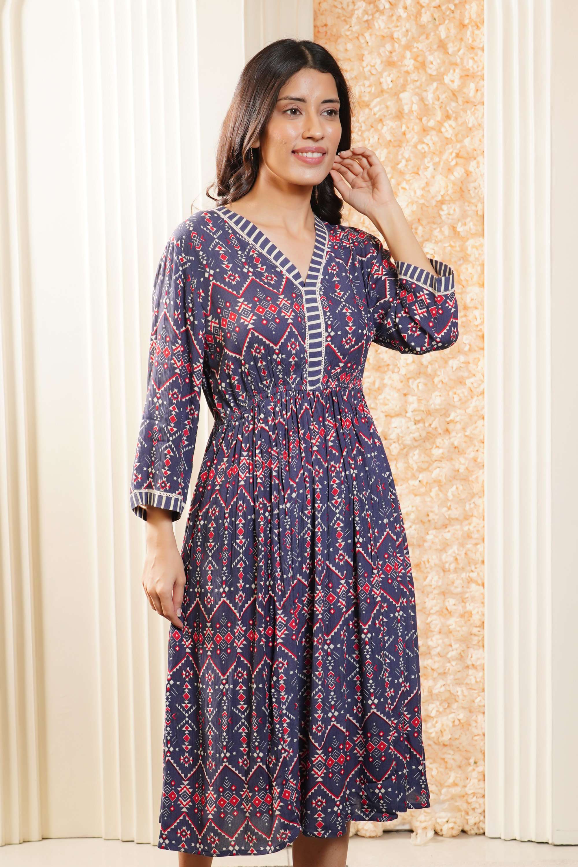 Solid-Blended-Fabric-Women-Fusion-Wear-Dress