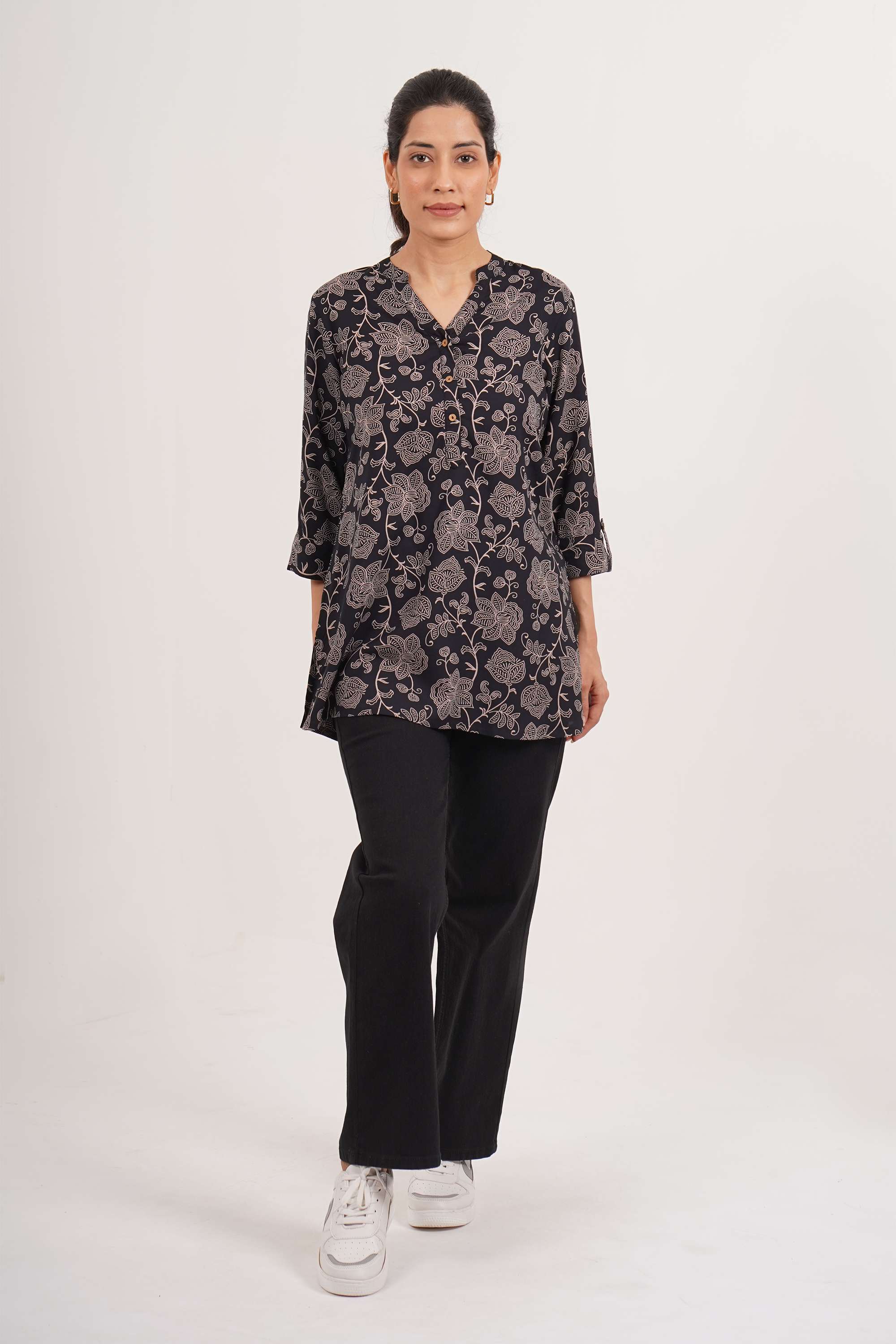 Printed-Blended-Fabric-Collared-Women-s-Tunic