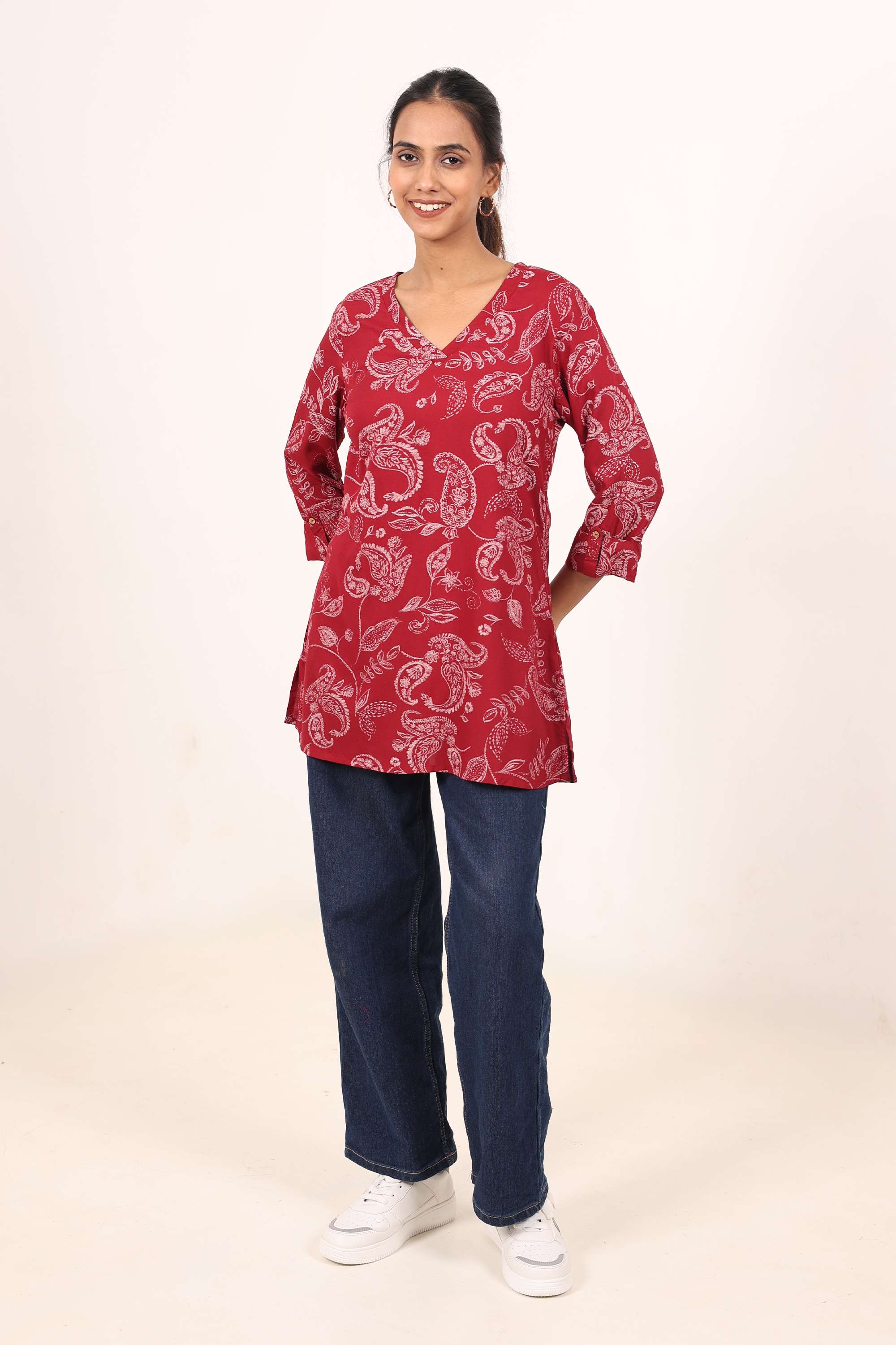 Solid-Blended-Fabric-Women-Fusion-Wear-Tunic