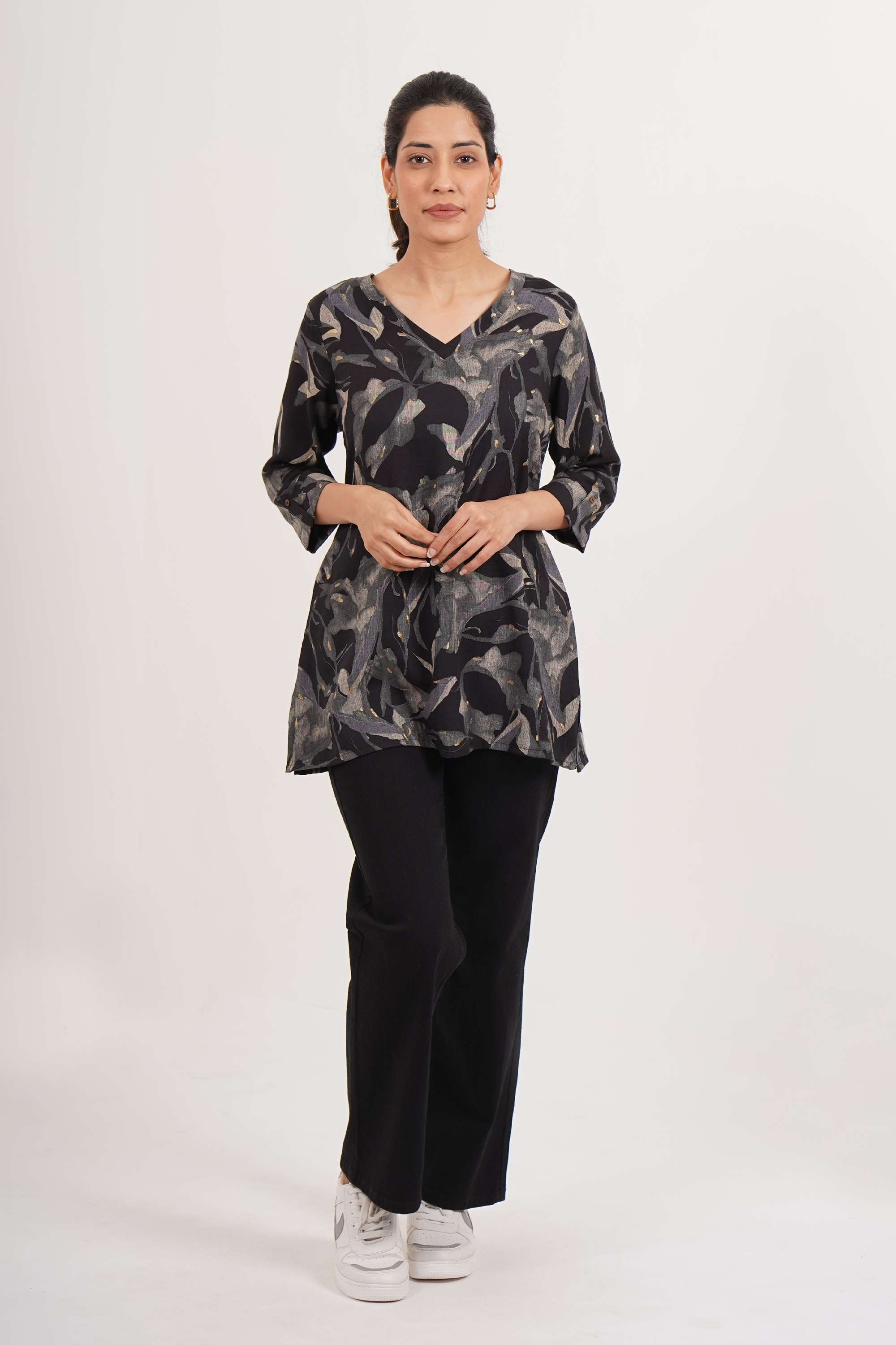 Printed-Blended-Fabric-V-Neck-Women-s-Casual-Wear-Tunic