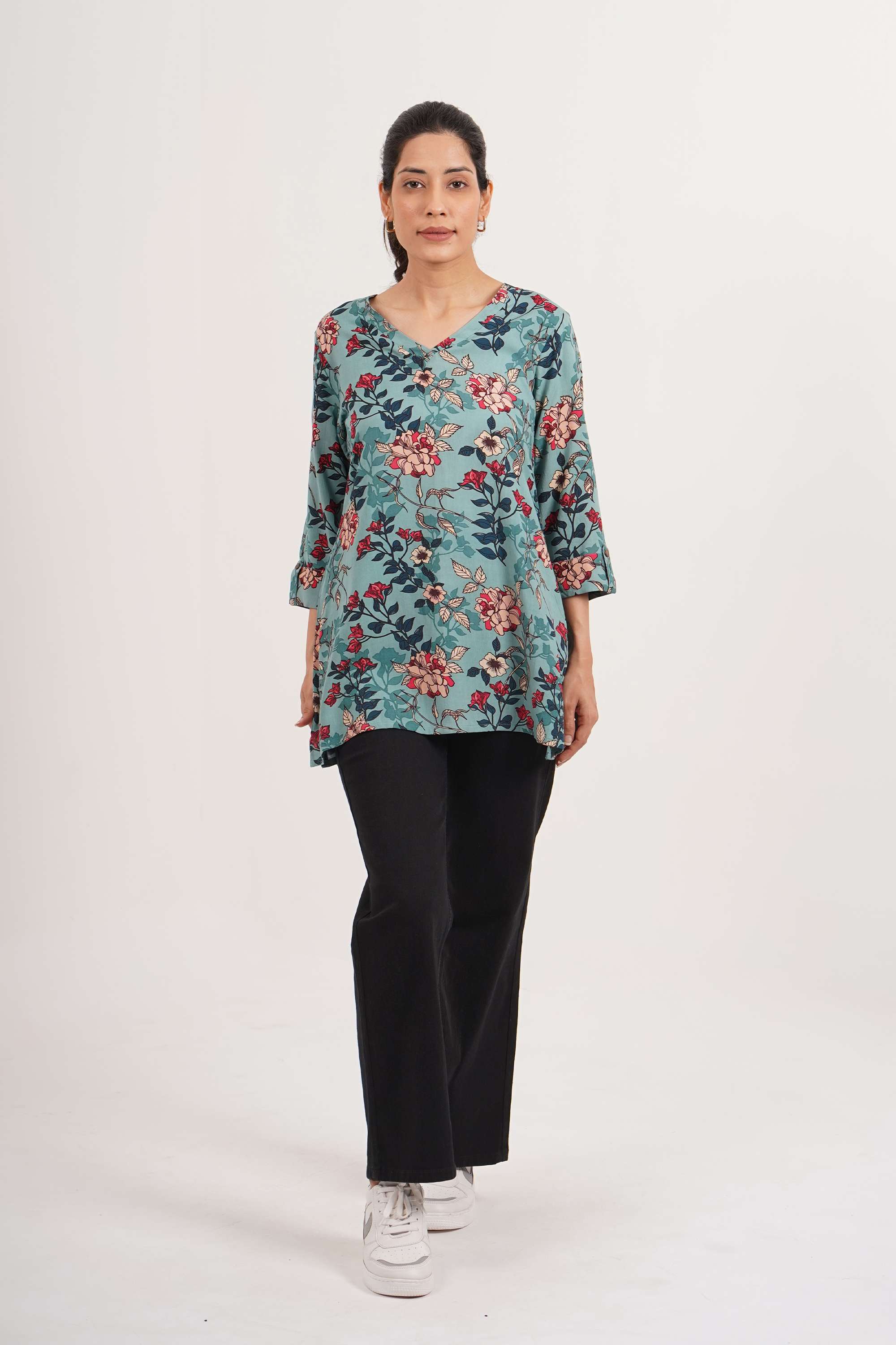 Printed-Blended-Fabric-V-Neck-Women-s-Casual-Wear-Tunic
