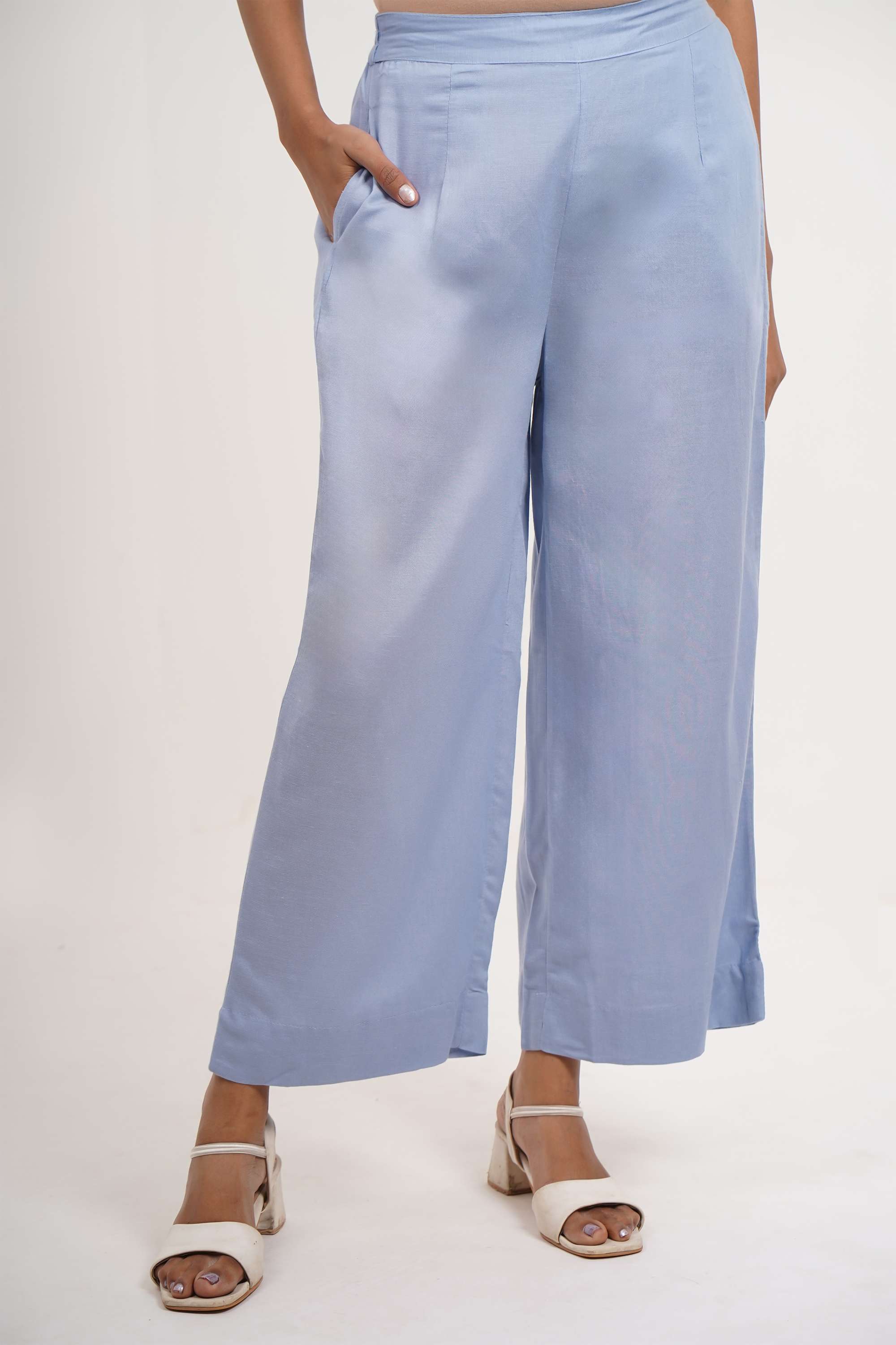 Solid-Blended-Fabric-Women-Ankle-Length-Palazzos