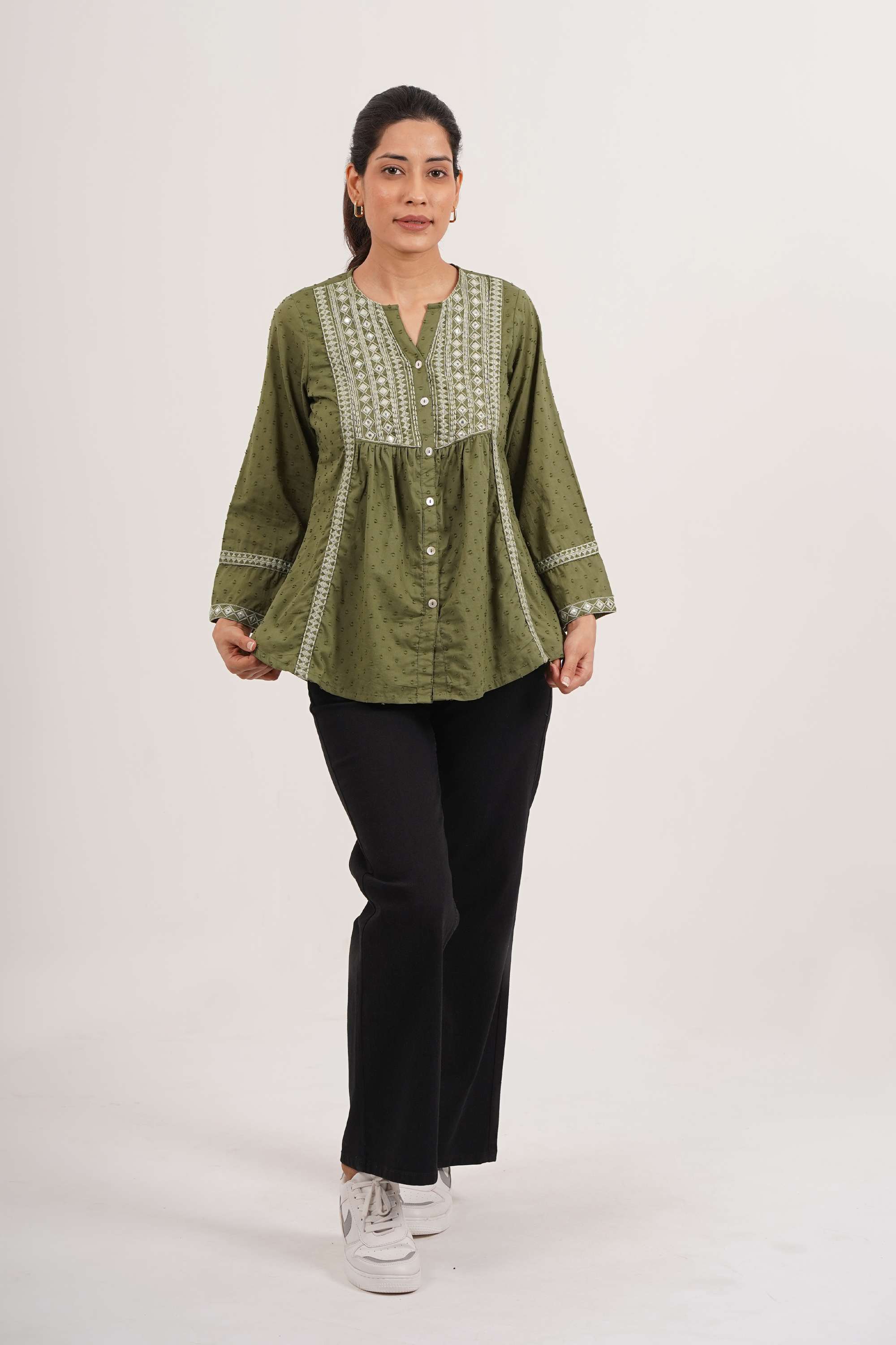 Embroidered-Blended-Fabric-Y-Neck-Women-s-Casual-Wear-Tunic
