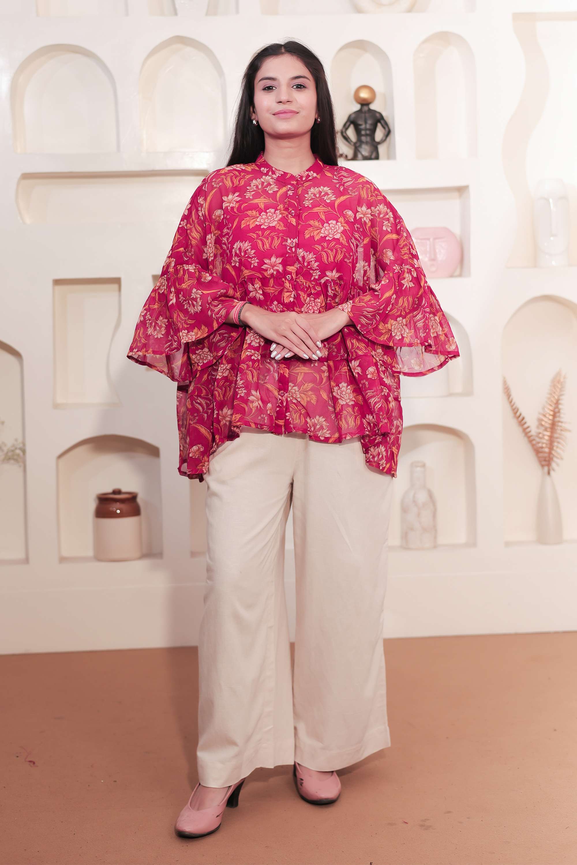 Floral-Polyester-Collared-Women-s-Tunic