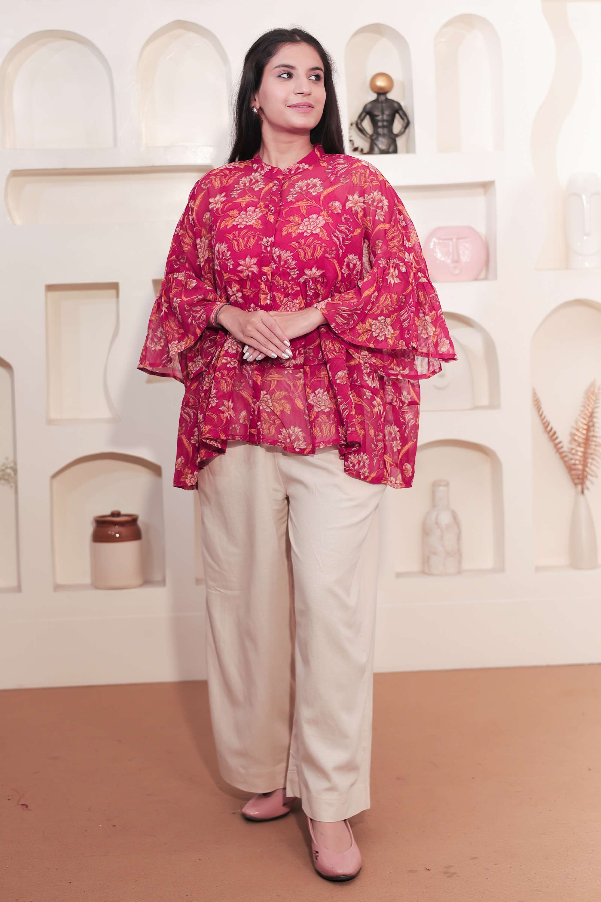 Floral-Polyester-Collared-Women-s-Tunic