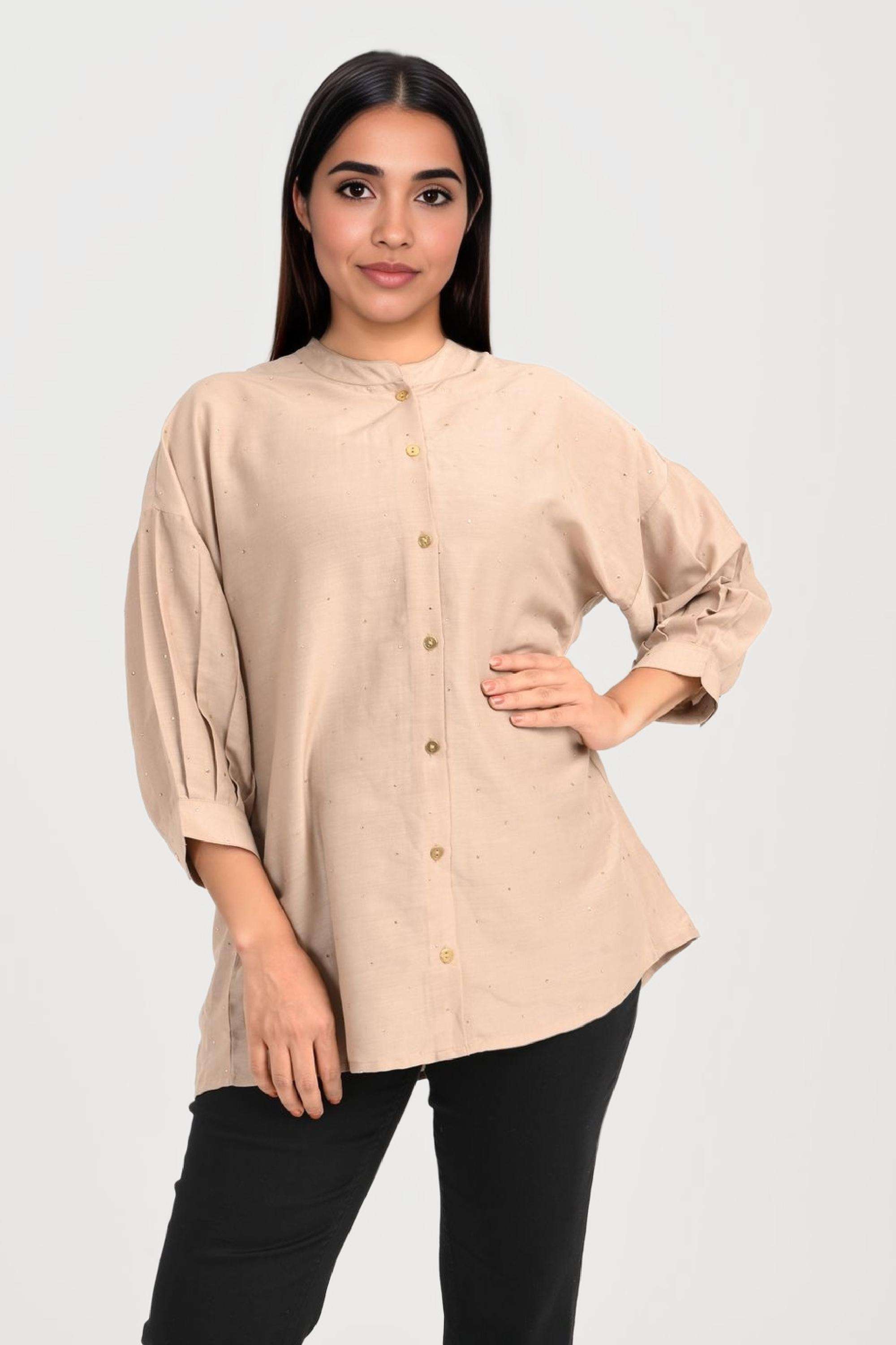 Solid-Polyester-Collared-Women-s-Tunic